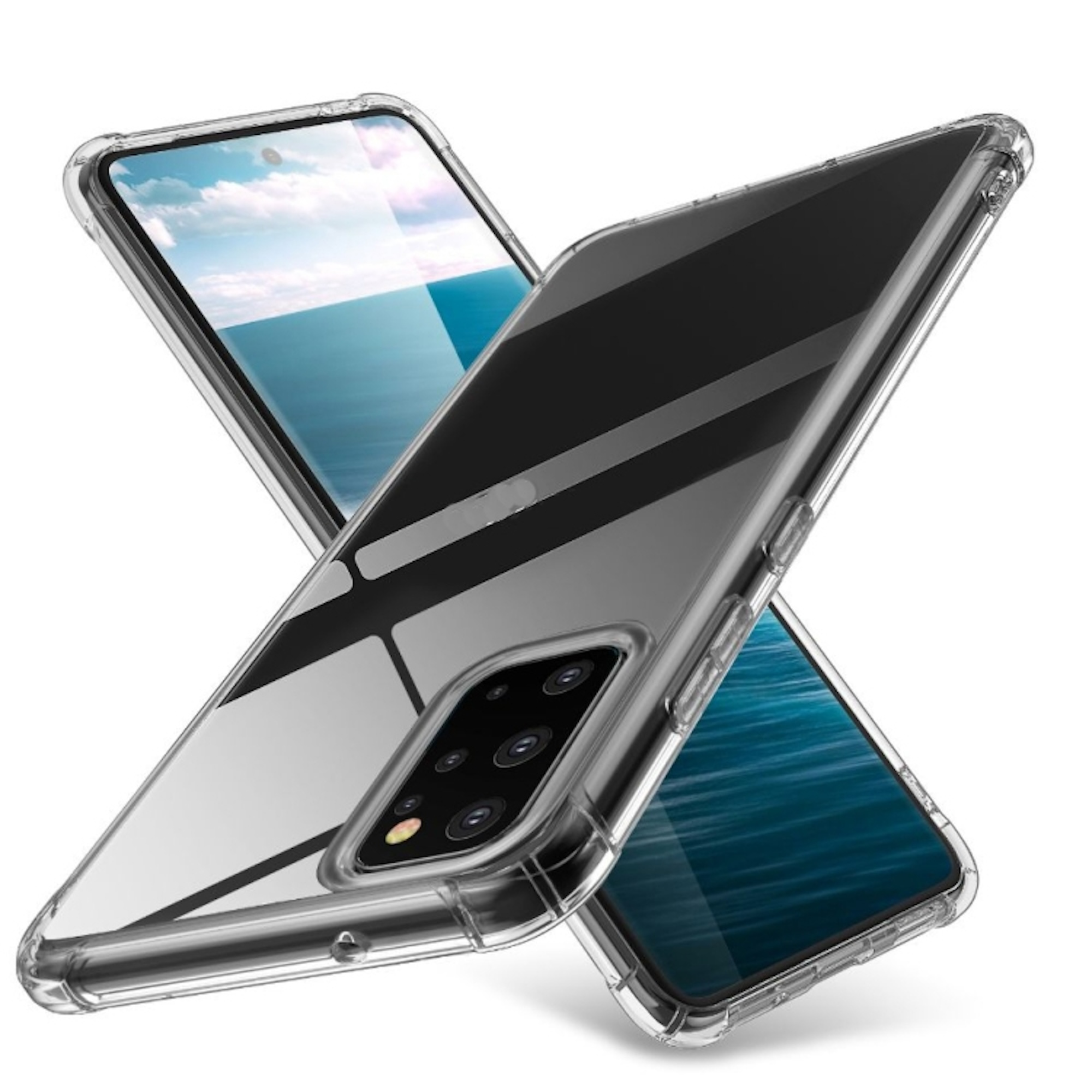 Dos teléfonos inteligentes con fundas transparentes se cruzan sobre fondo blanco.