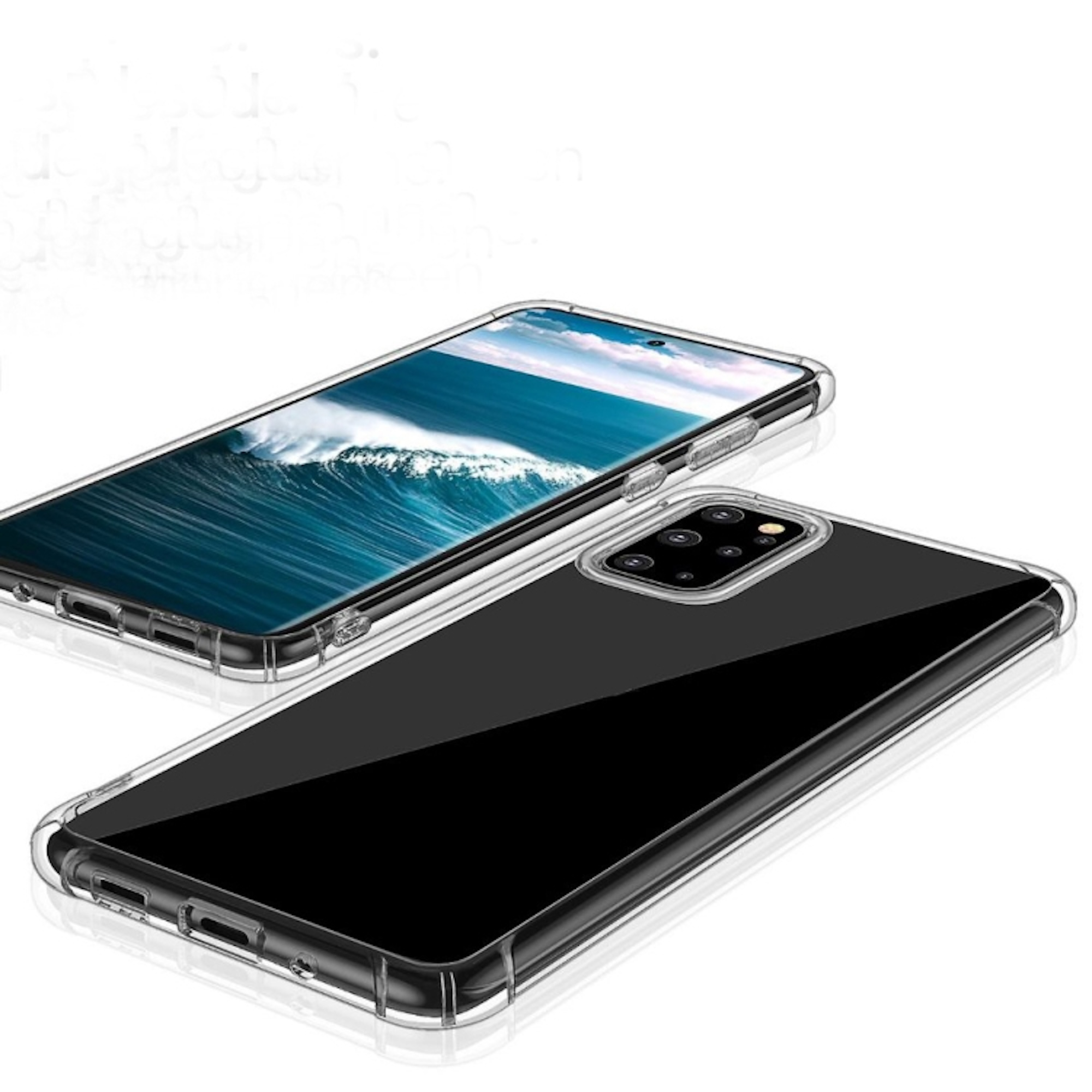 Dos teléfonos inteligentes negros con fundas transparentes sobre fondo blanco, uno muestra la imagen de un océano.