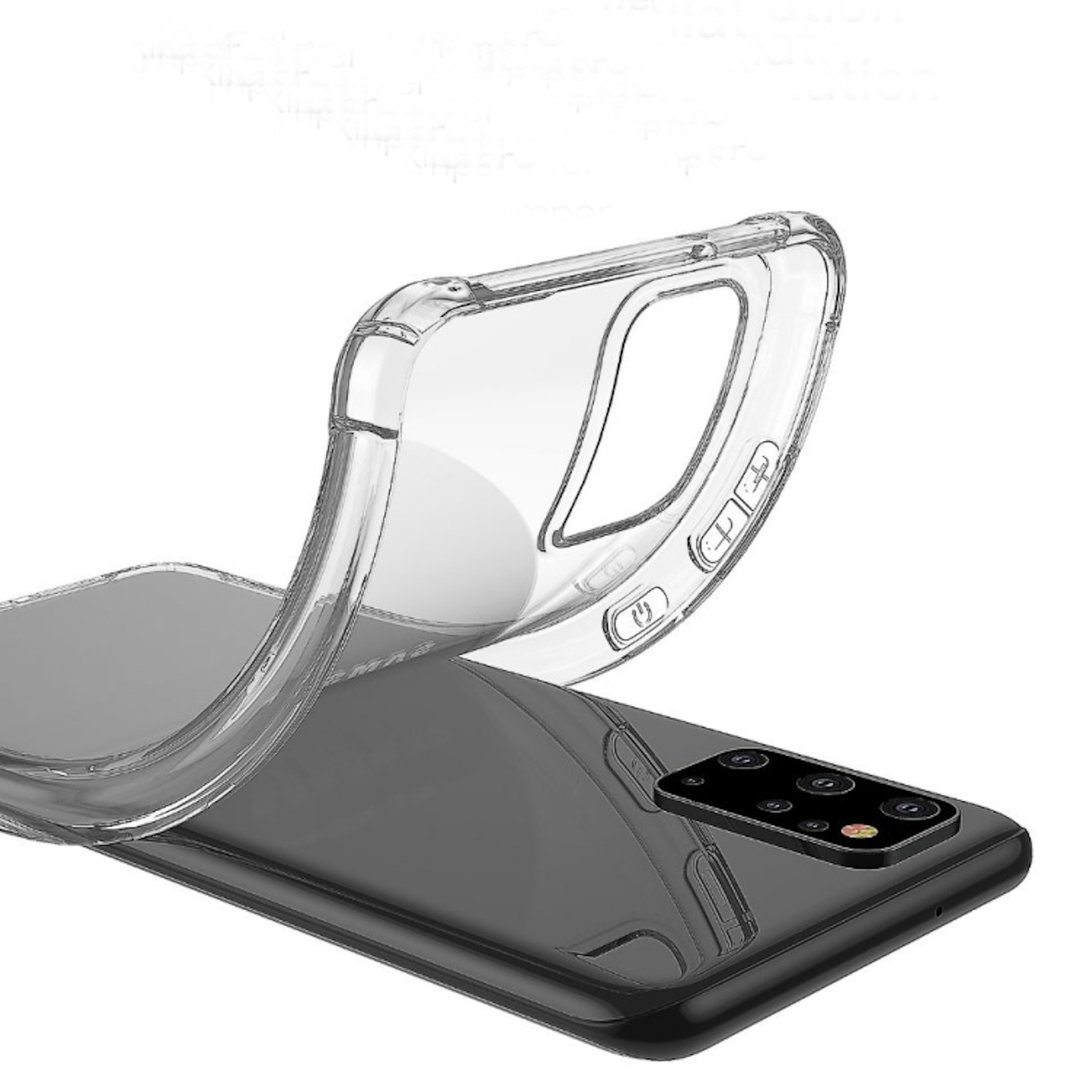 Una funda de silicona transparente y flexible se levanta de un teléfono inteligente oscuro con cámara múltiple.