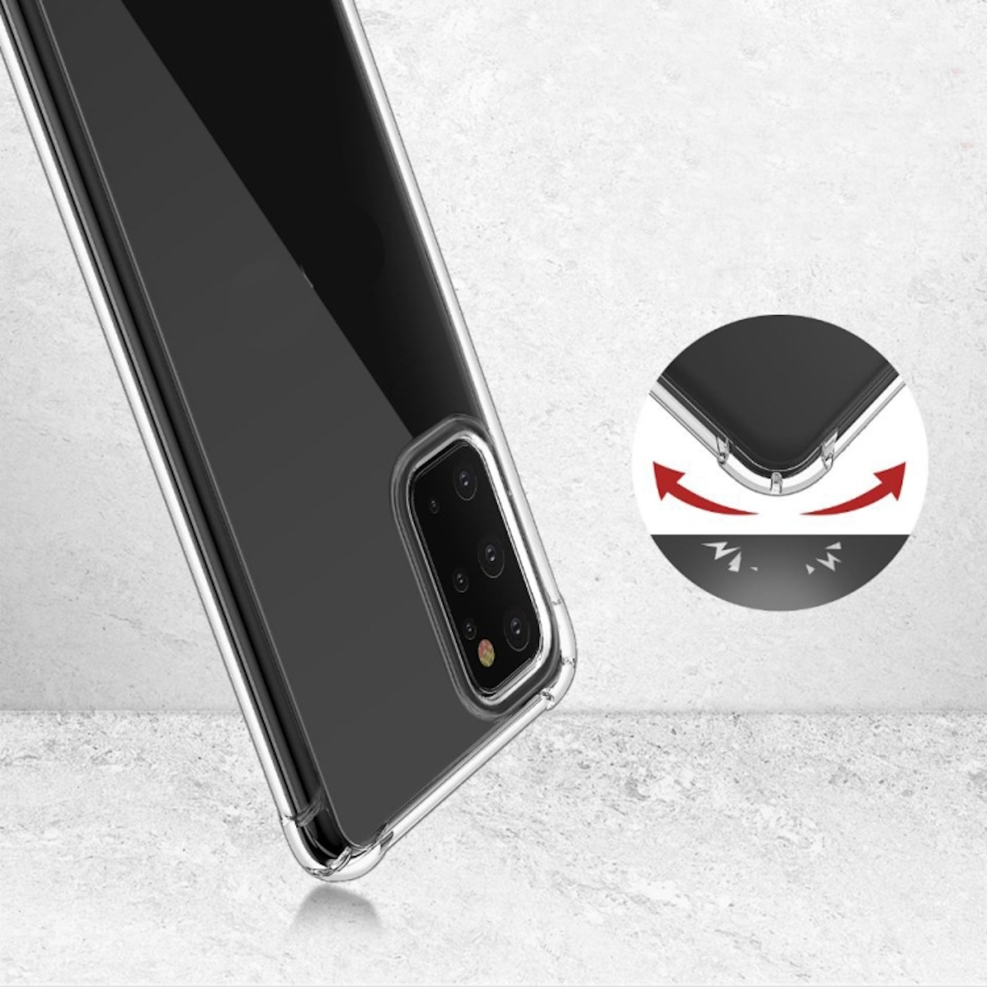 Un smartphone con funda transparente sobre fondo blanco, destacando la protección de esquinas.