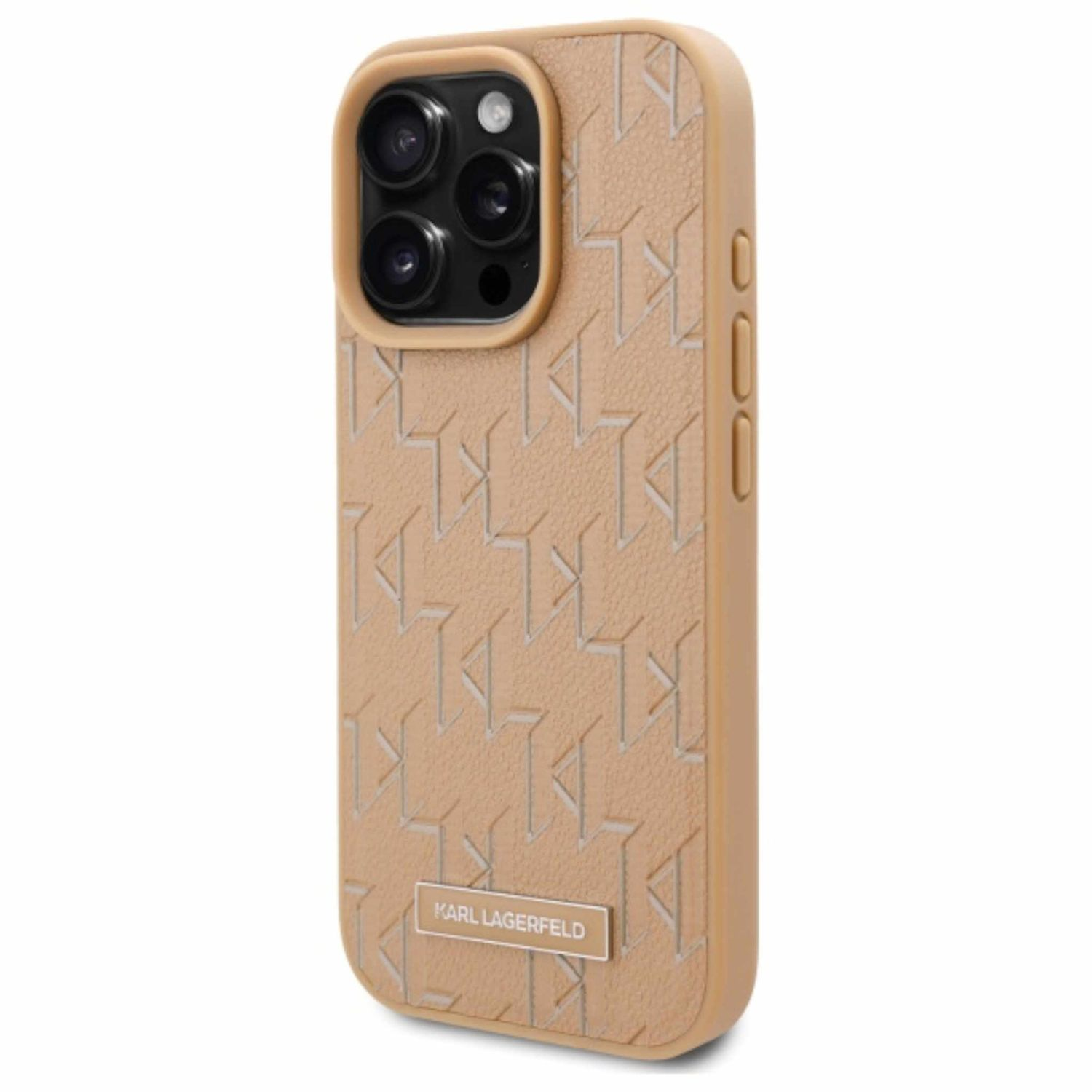 Monogram ve Karl Lagerfeld logolu bej deri telefon kilifi.