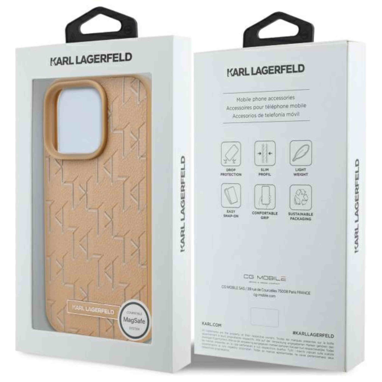 Kabartma desenli ve MagSafe logolu beyaz kutuda Karl Lagerfeld telefon kılıfı.