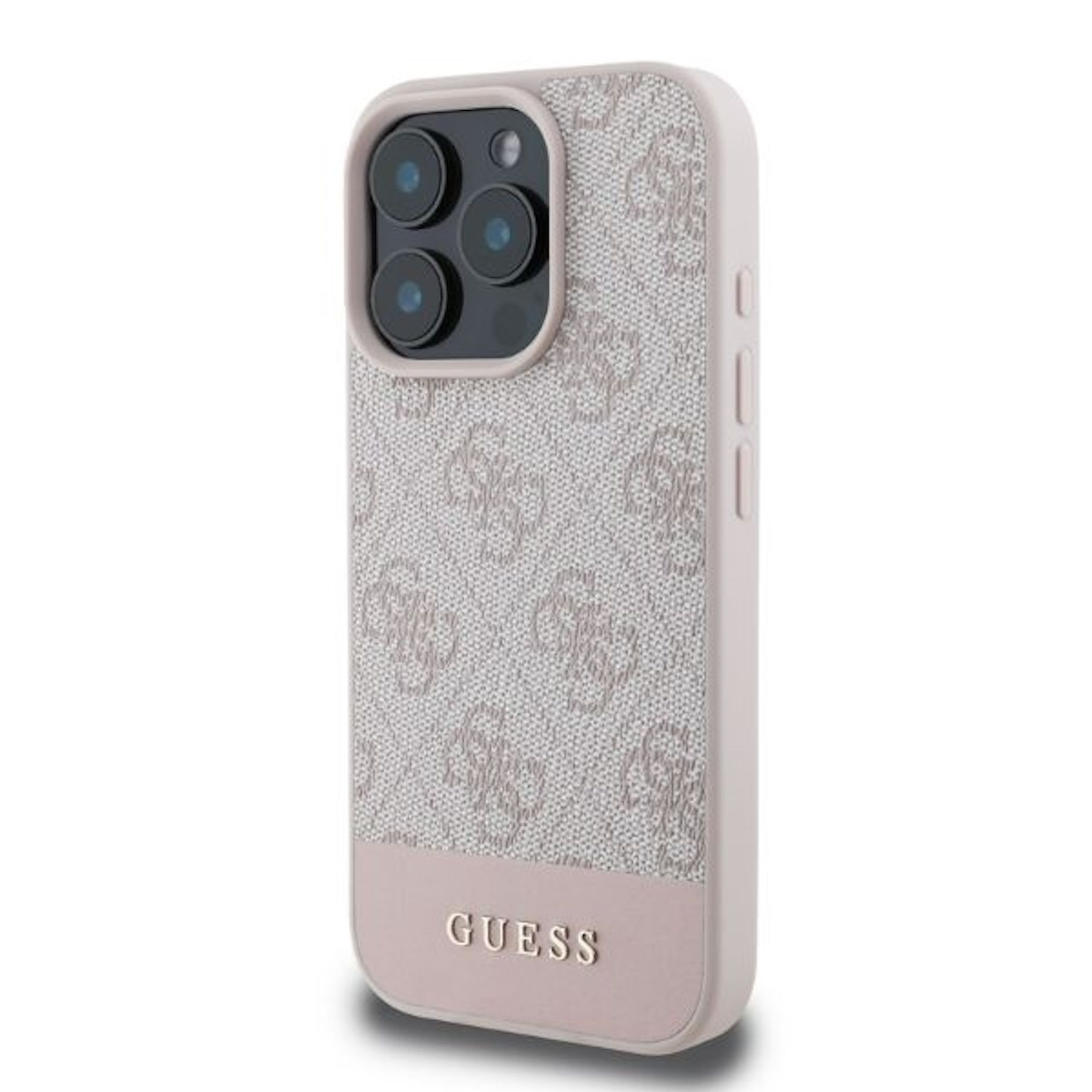 Eine beigefarbene Guess Smartphone-Hülle mit Monogramm-Muster und rosa Unterteil mit goldener Aufschrift.