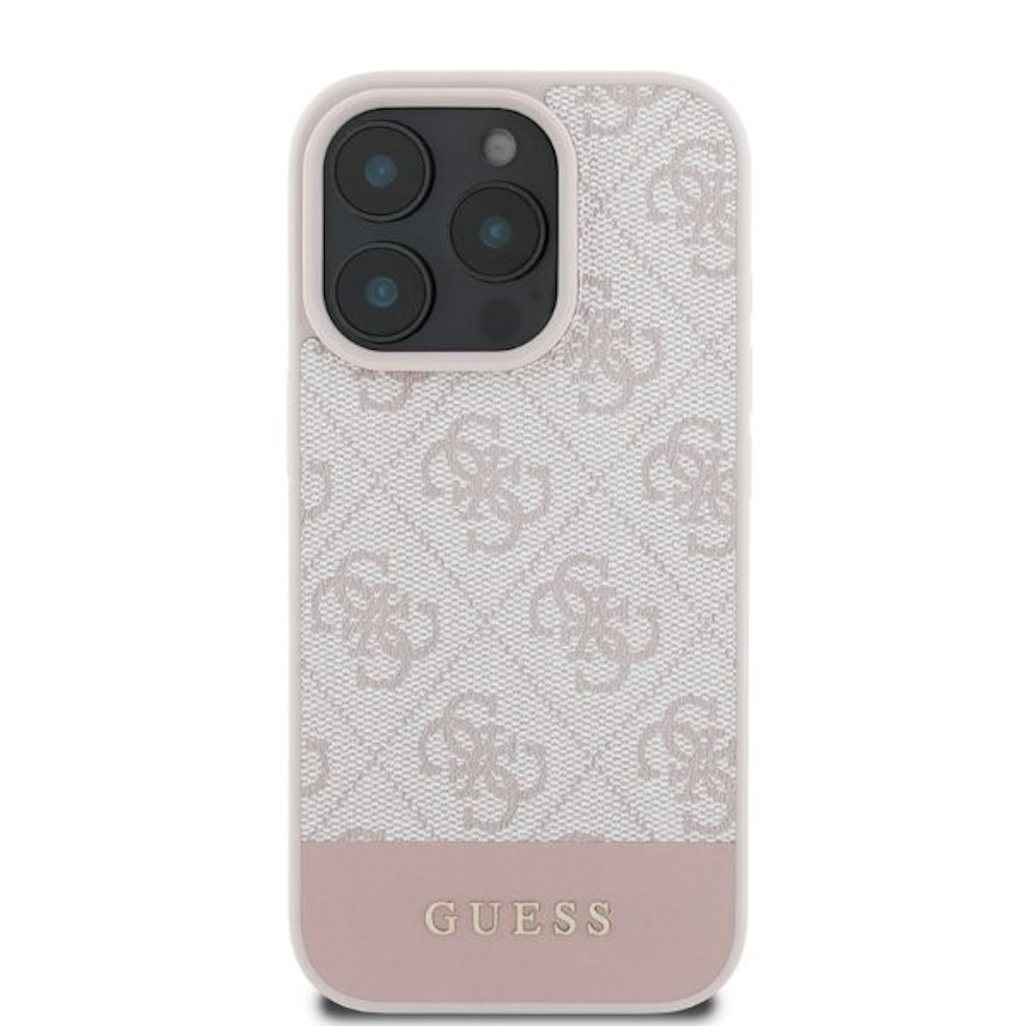 Eine beigefarbene Guess-Smartphone-Hülle mit Monogramm und rosafarbener Unterseite mit Markennamen.
