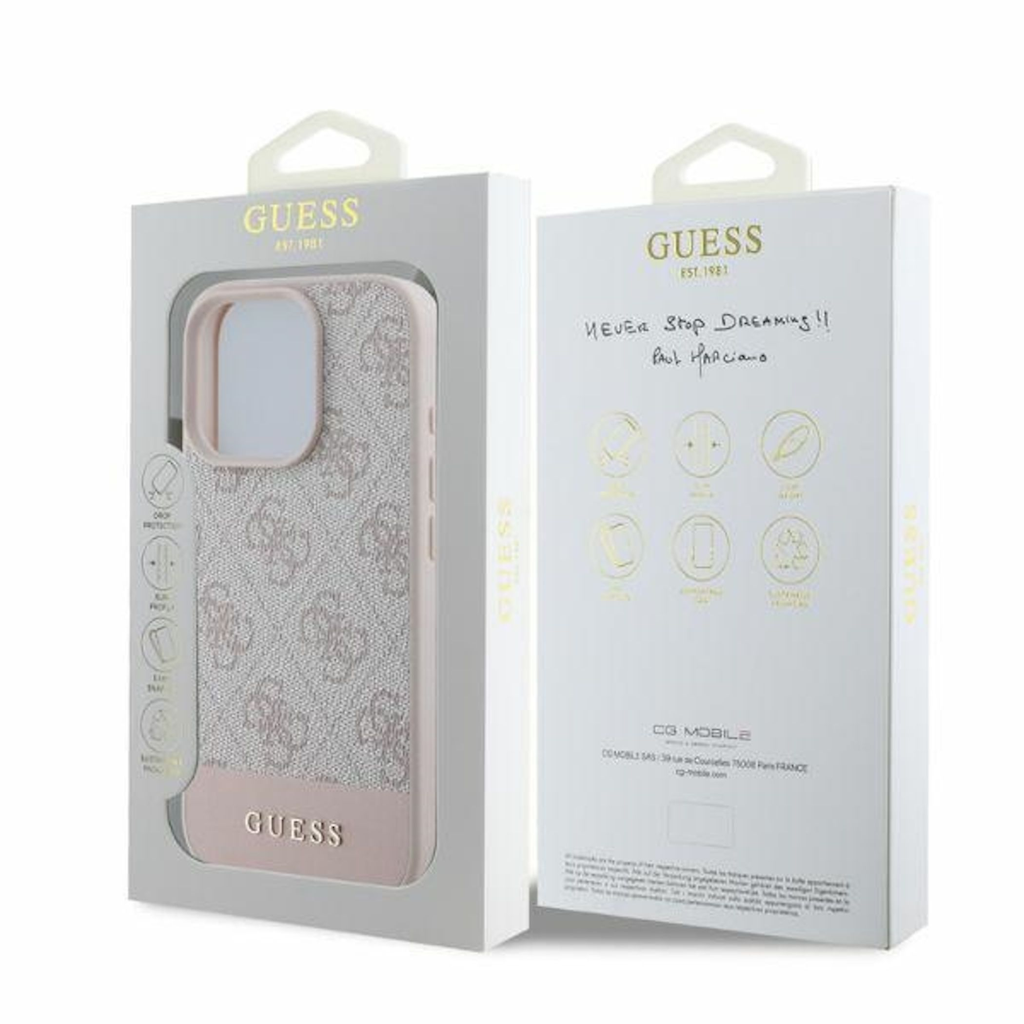 Rosa Handyhülle mit Guess-Logo im Muster, präsentiert in weißer Verpackung.