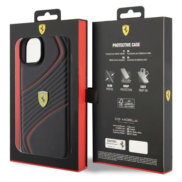 Schwarze Ferrari-Schutzhülle in geöffneter Verpackung mit rotem Rand und Logos.