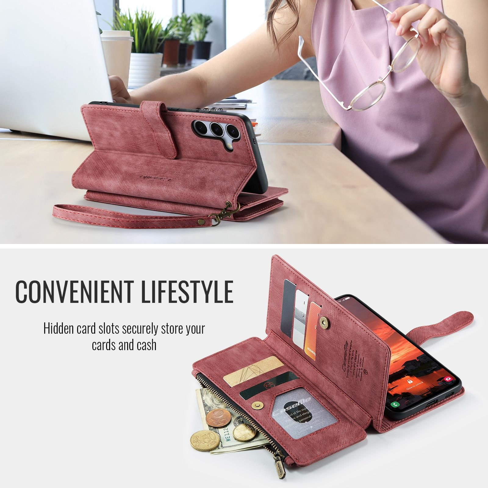 Eine pinke Handytasche aus Leder mit Kartenfächern, Bargeld und Handschlaufe, gezeigt mit Smartphone.