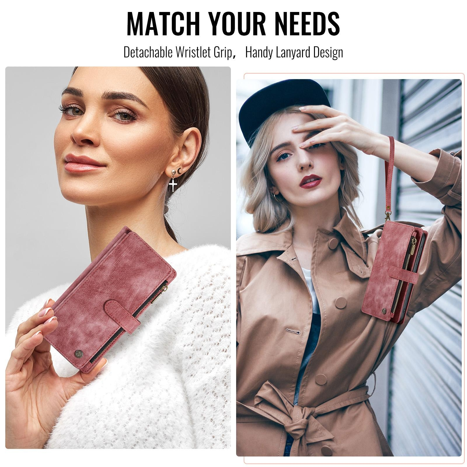 Zwei Frauen präsentieren eine rosafarbene Brieftaschen-Handyhülle mit abnehmbarer Handschlaufe.