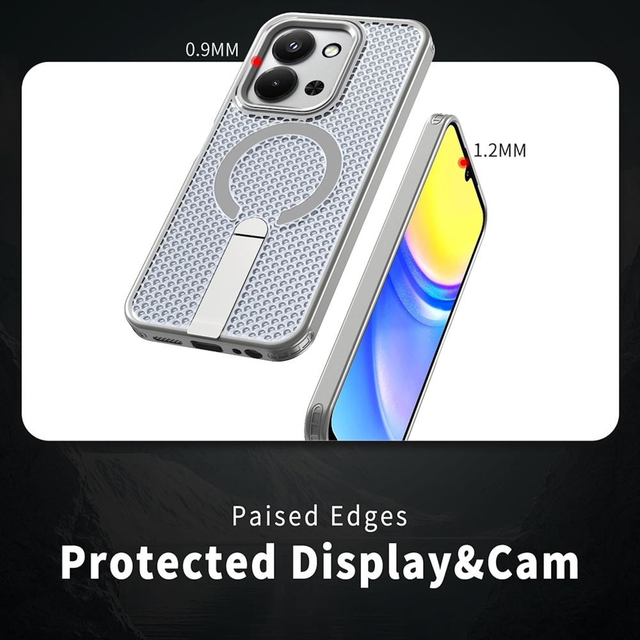 Handyhülle mit integriertem Ständer zeigt geschützte Kanten für Display und Kamera.
