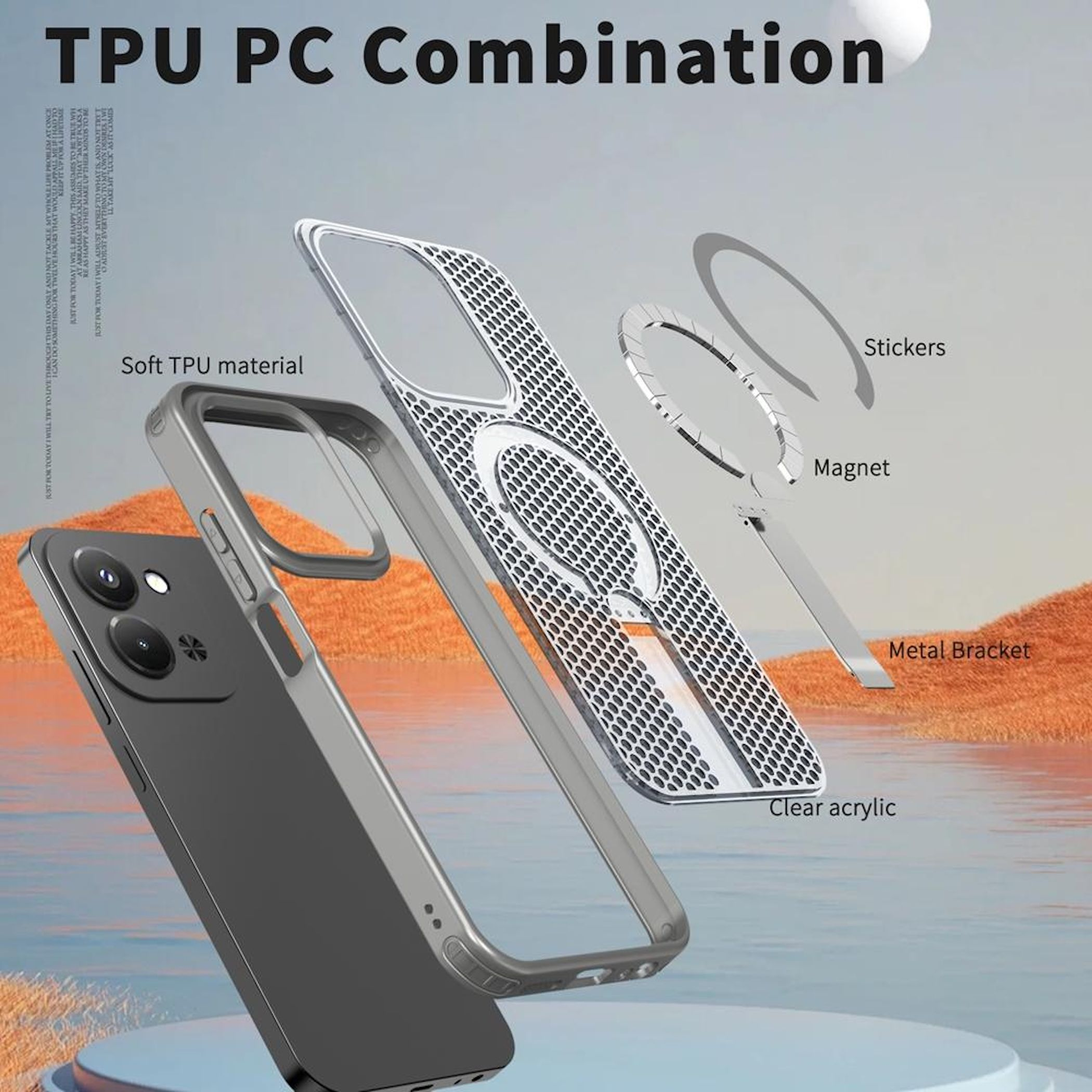 Explosionszeichnung eines Handy-Kombinationsgehäuses mit TPU, PC, Magnet und Metallhalterung vor hügeligem Hintergrund.