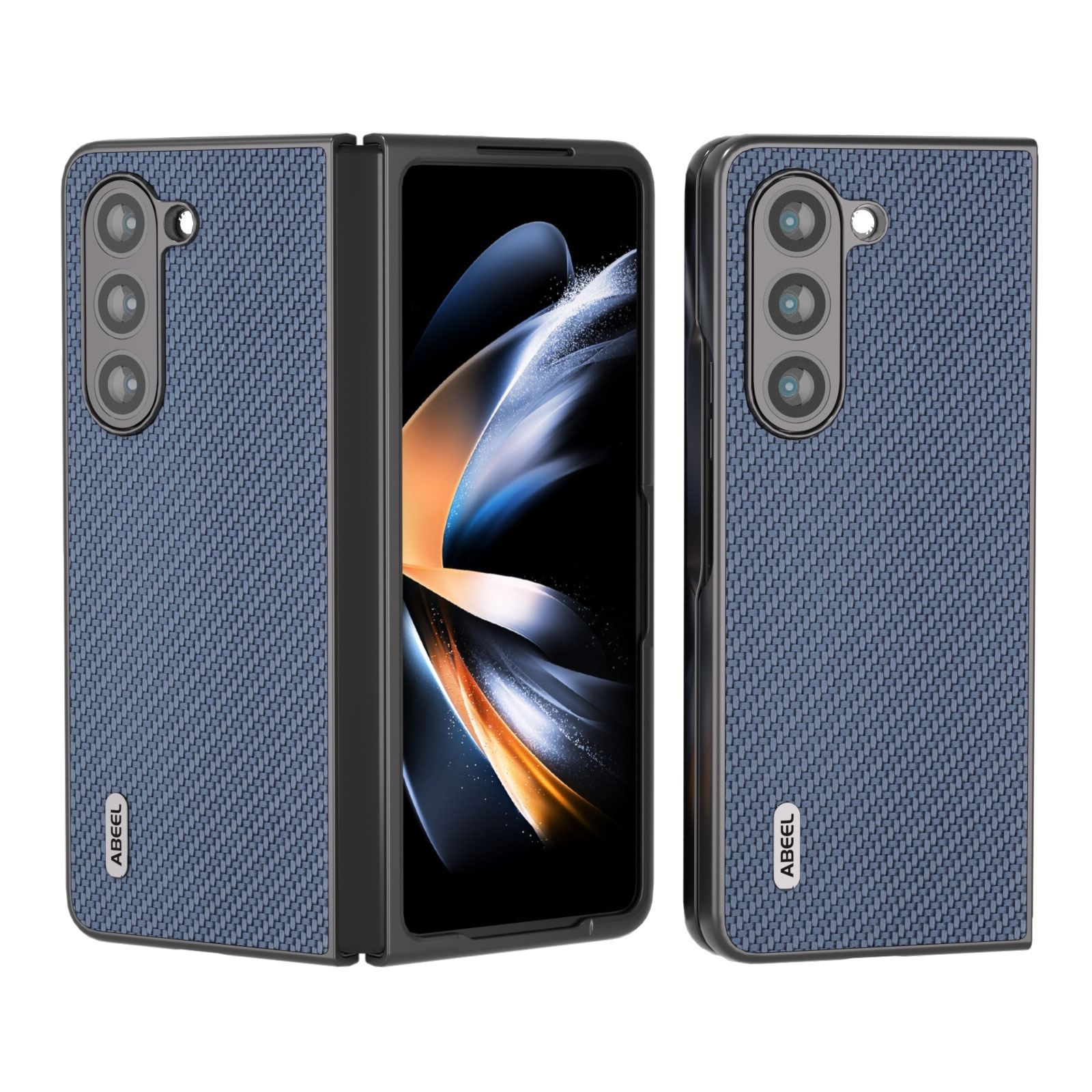 Ein faltbares Smartphone mit blauer Texturhülle, Dreifachkamera und Abeel-Logo auf weißem Hintergrund.