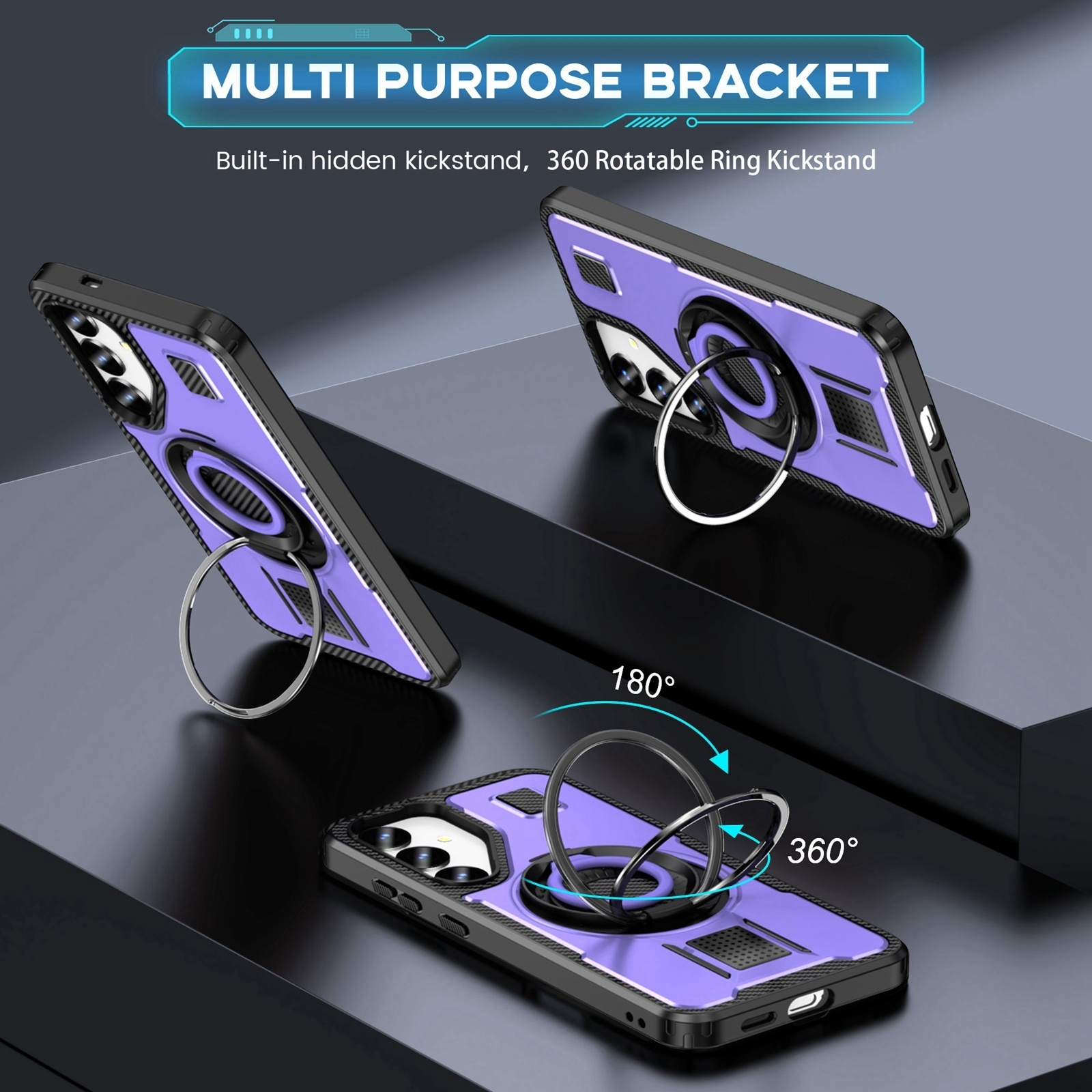 Tres fundas de teléfono moradas y negras con soporte de anillo giratorio de 360 grados en superficies oscuras.