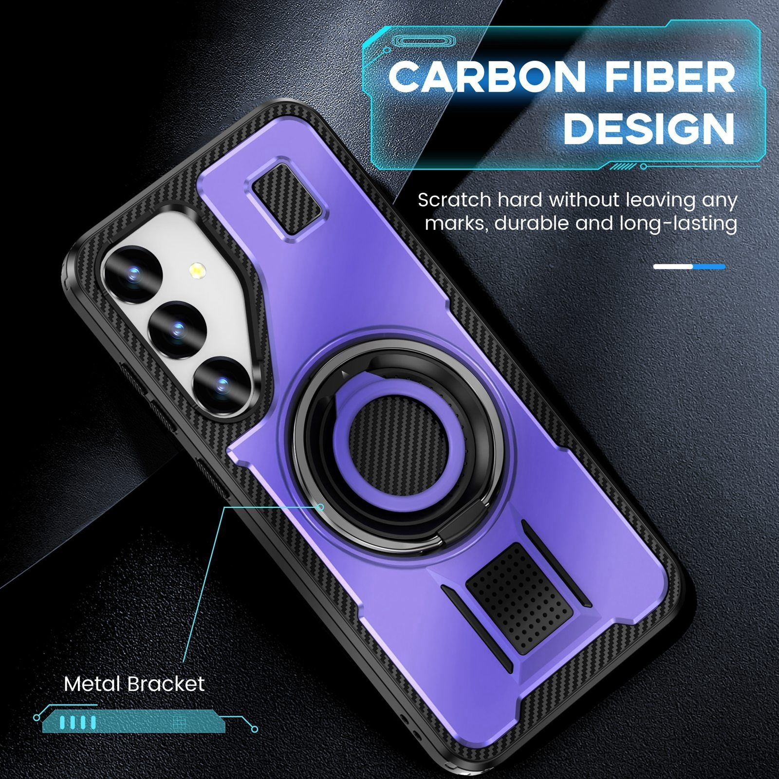 Funda de fibra de carbono morada para smartphone con soporte metálico integrado.