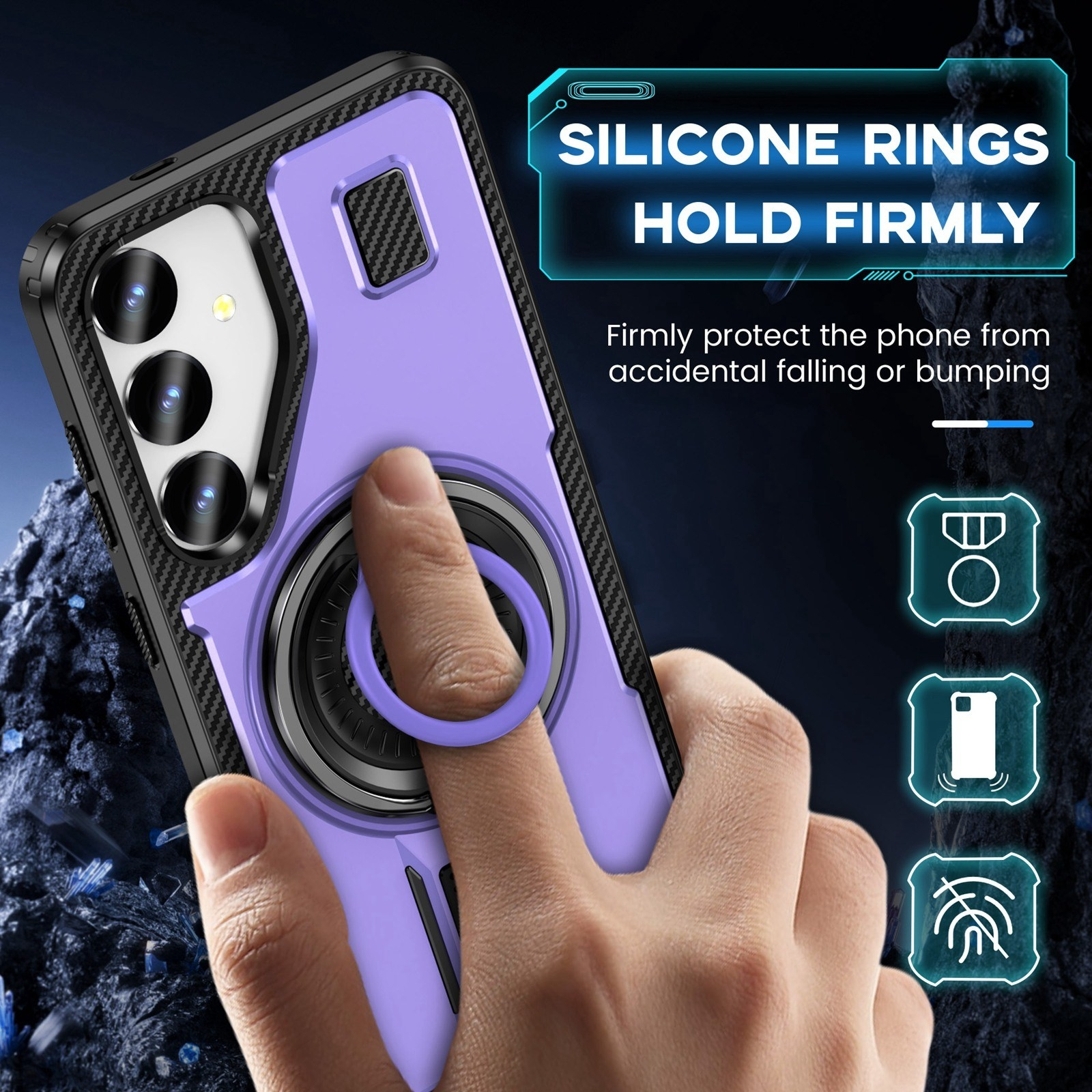 Funda de teléfono morada y negra con anillo de soporte sobre fondo rocoso, con texto e iconos.