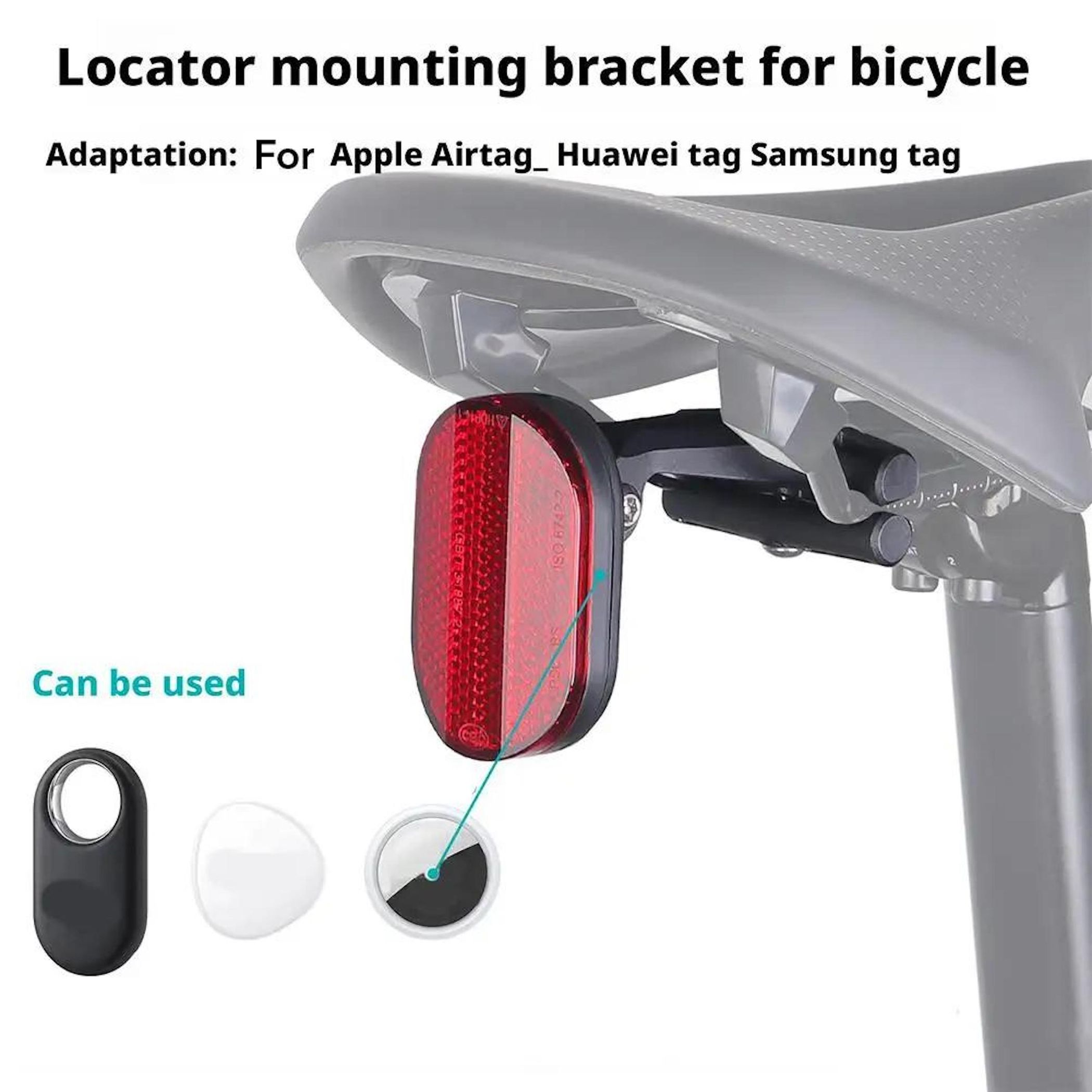 Fahrrad-Sattelhalterung für Apple, Huawei und Samsung Tracker mit Reflektor.