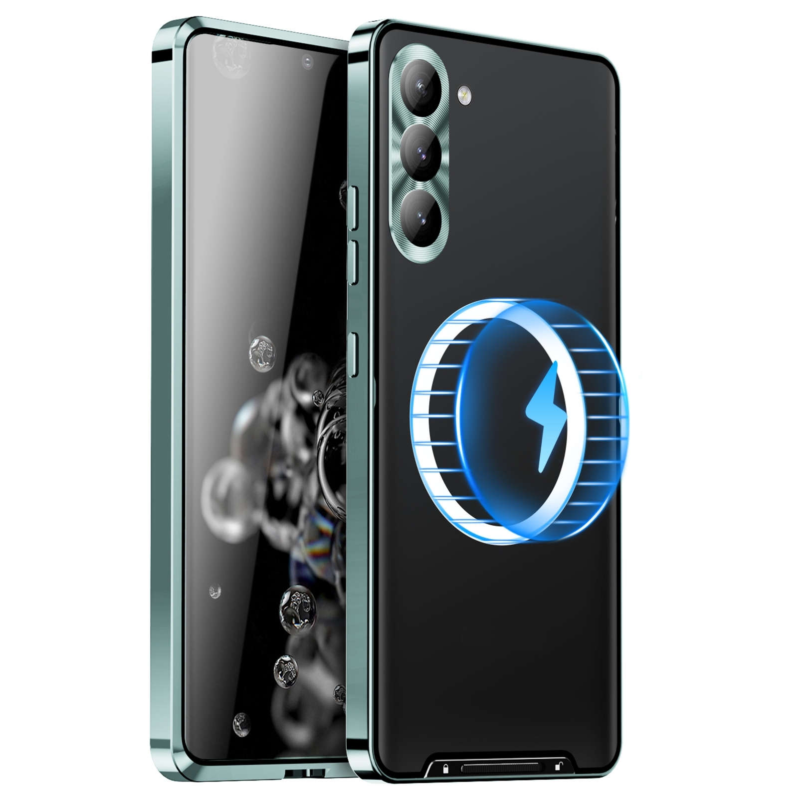 Ein Smartphone mit dreifacher Kamera und blauem Ladesymbol auf der schwarzen Rückseite, vor hellem Hintergrund.