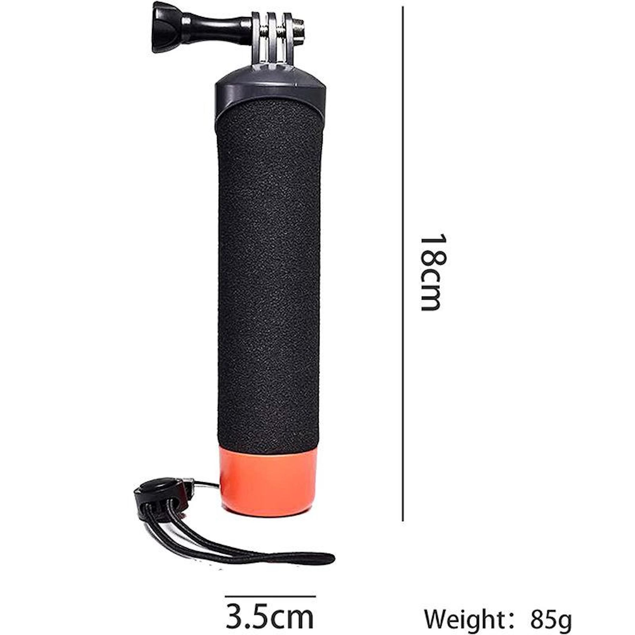 Impugnatura nera per action cam con base arancione e laccetto, 18 cm.