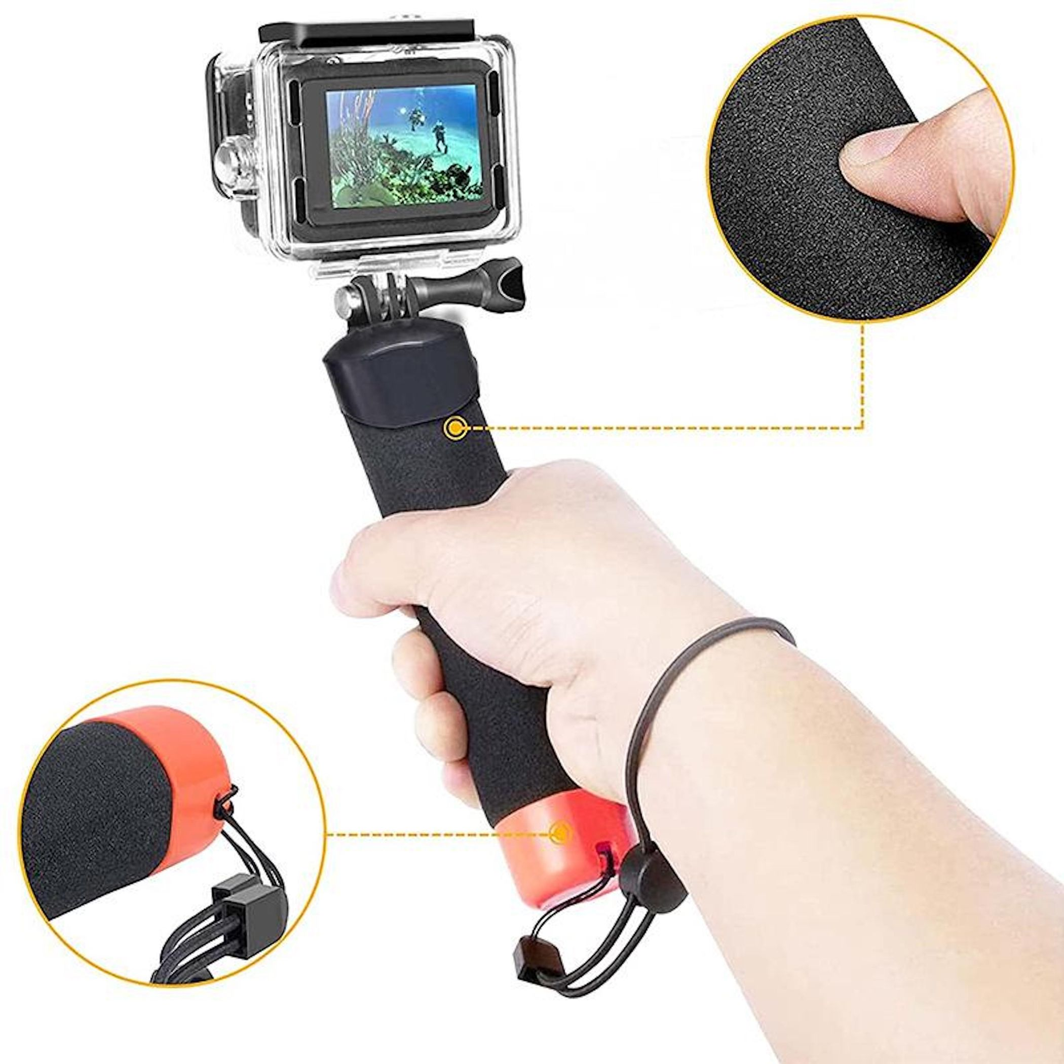 Mano impugna un manico nero con action camera e dettagli rossi, i riquadri mostrano texture e cordino.