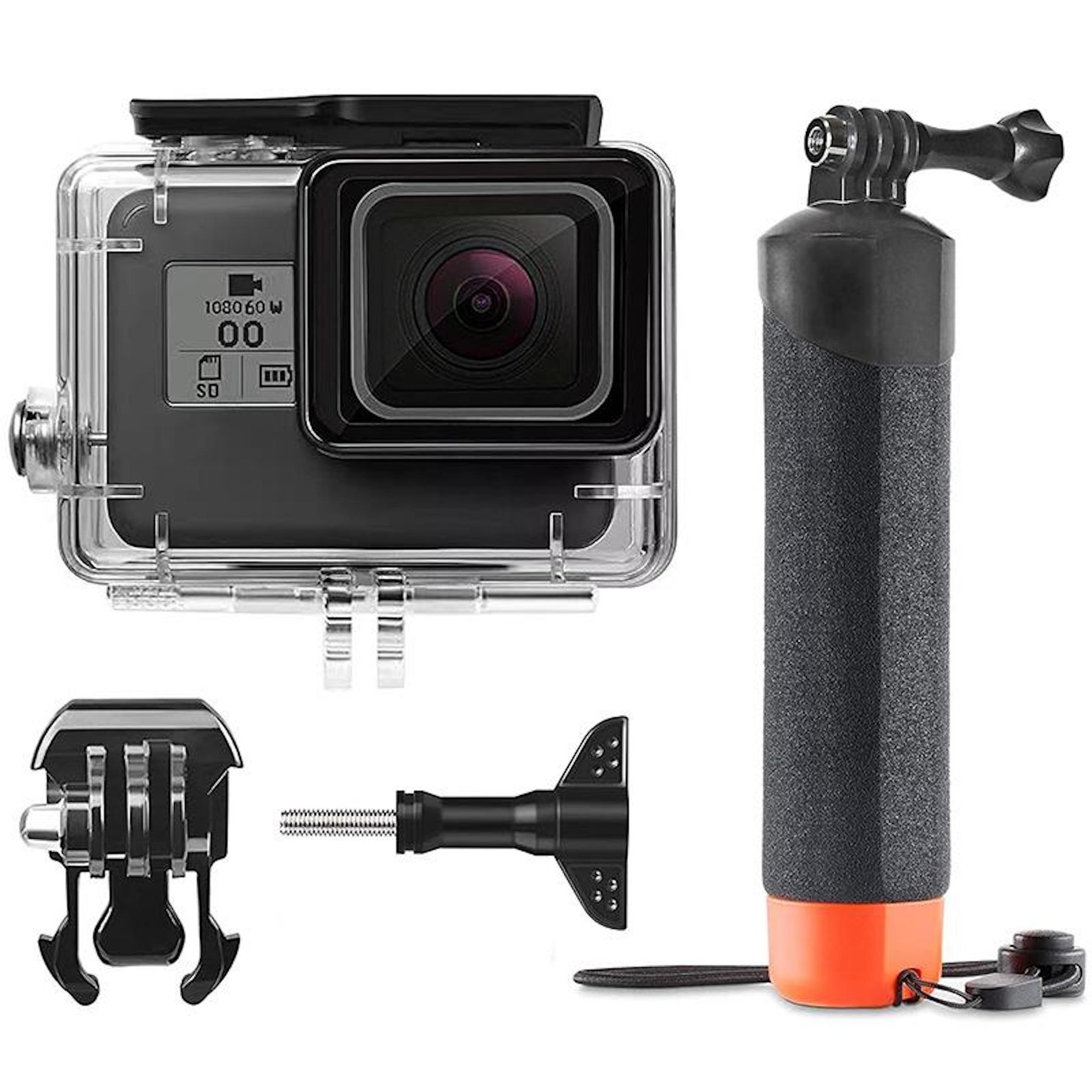 Action cam in custodia impermeabile con impugnatura, vite e supporto su sfondo bianco.
