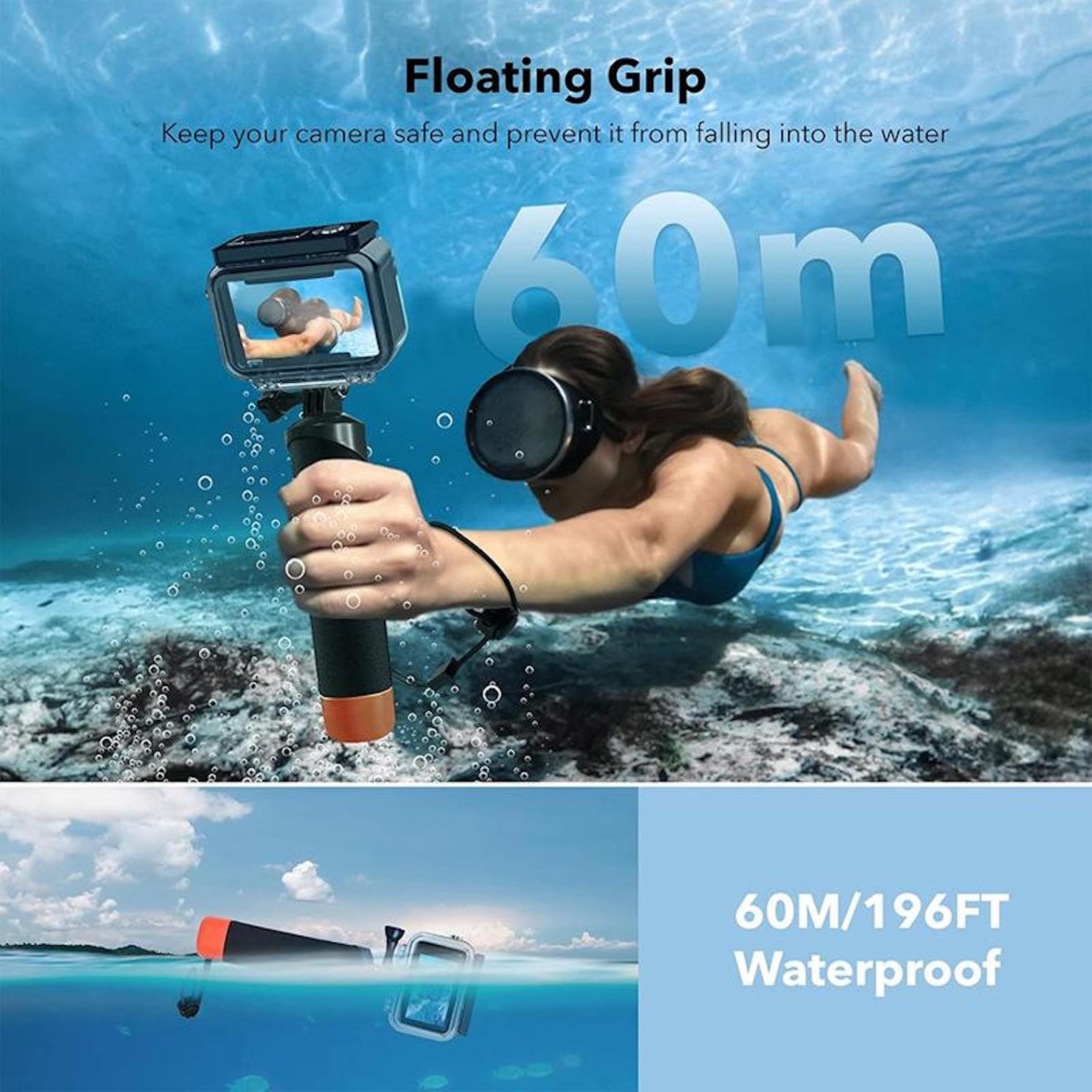 Una persona sott'acqua tiene una fotocamera su impugnatura galleggiante con testo impermeabile.