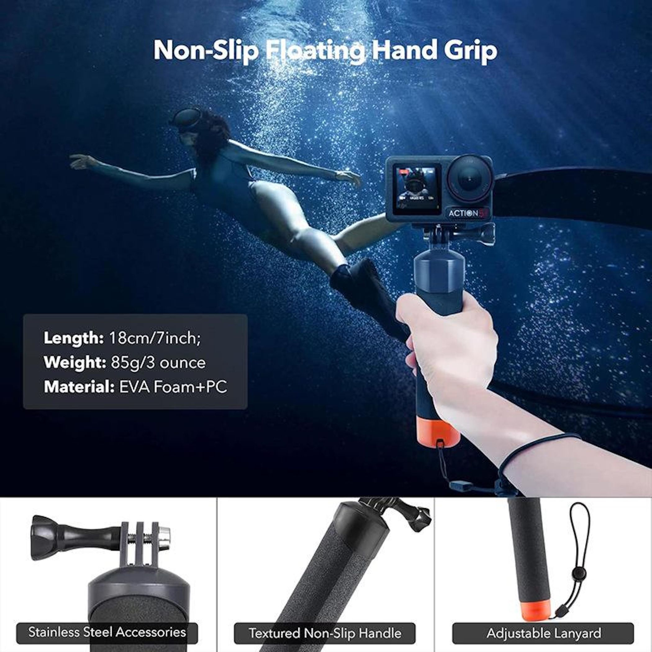 Un'impugnatura galleggiante per action cam è tenuta sott'acqua, con accessori in acciaio inossidabile e un cordino regolabile.