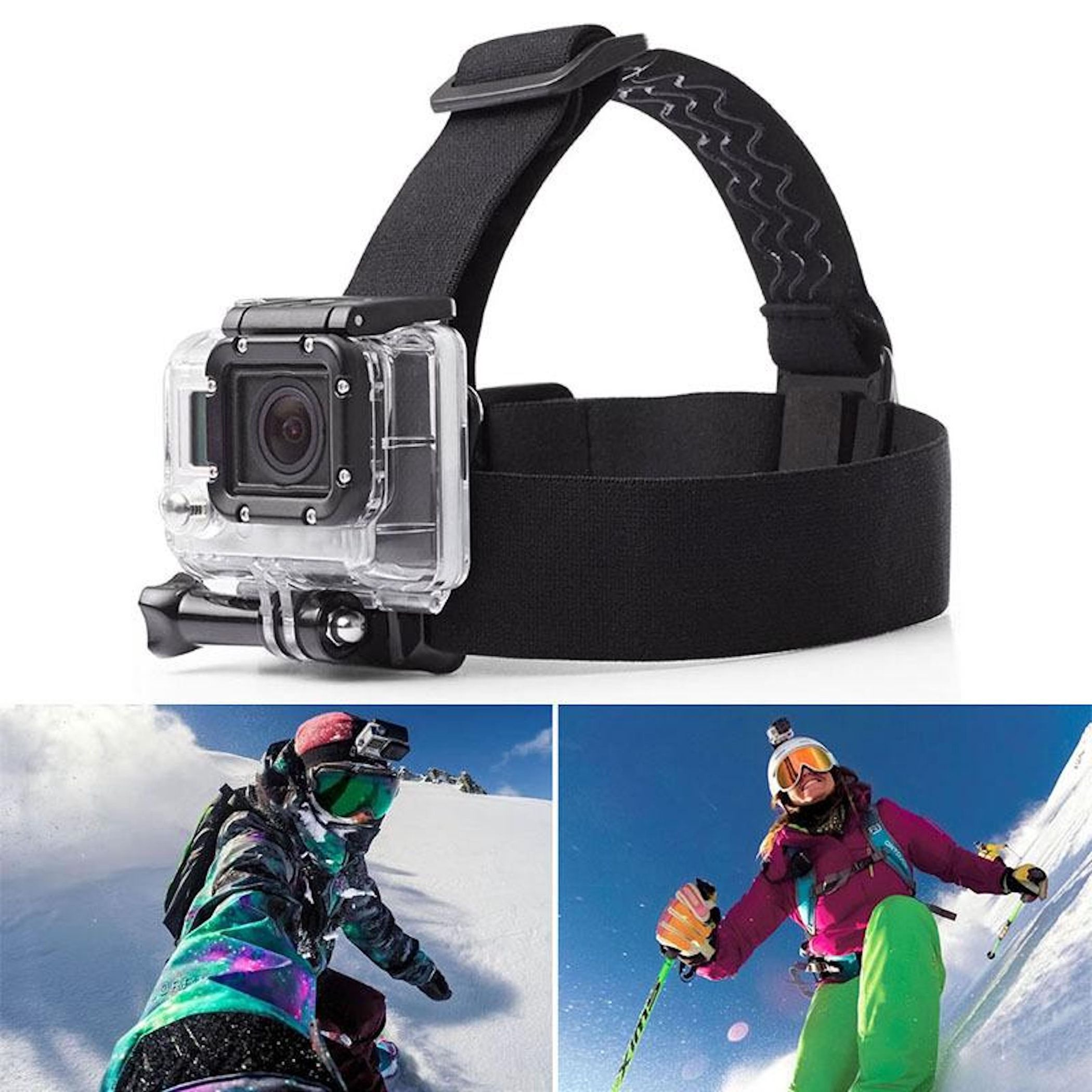 Fotocamera GoPro con fascia per testa, mostrata sotto in due scene d'azione sulla neve mentre scia e fa snowboard.