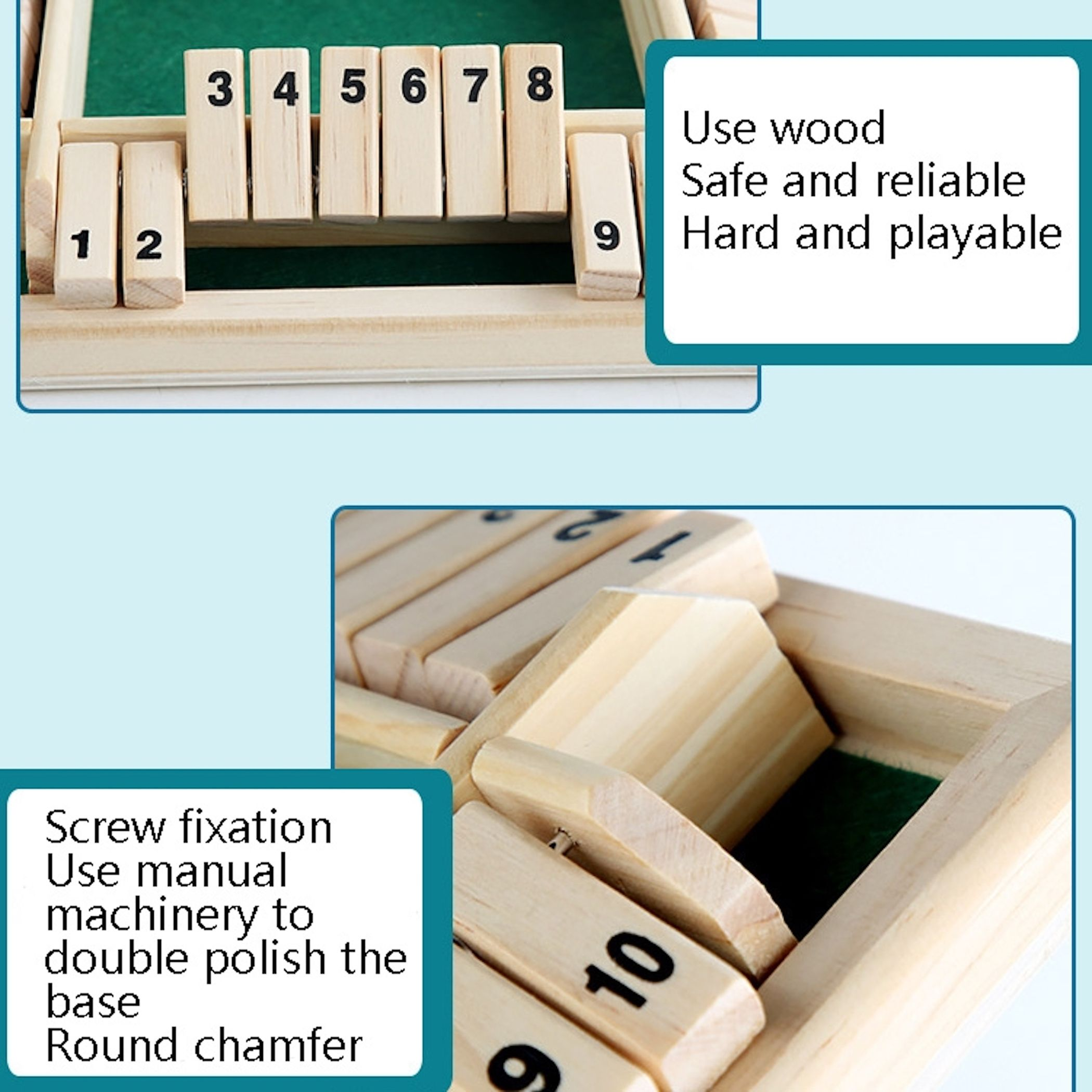 Holzspiel mit nummerierten Klappen und englischem Werbetext.