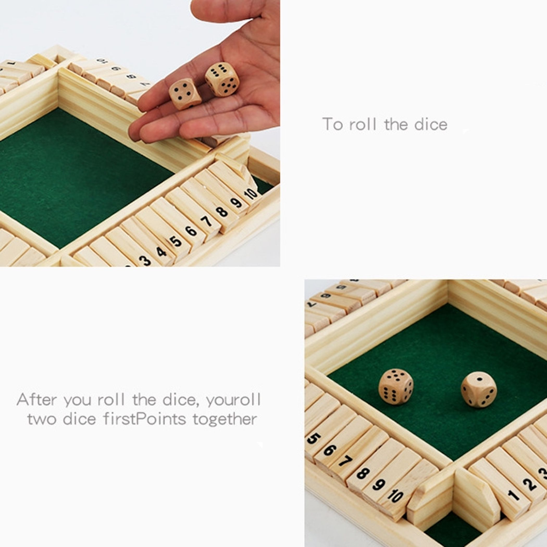 Hand hält Würfel über einem Shut the Box-Spiel mit grünem Filz.