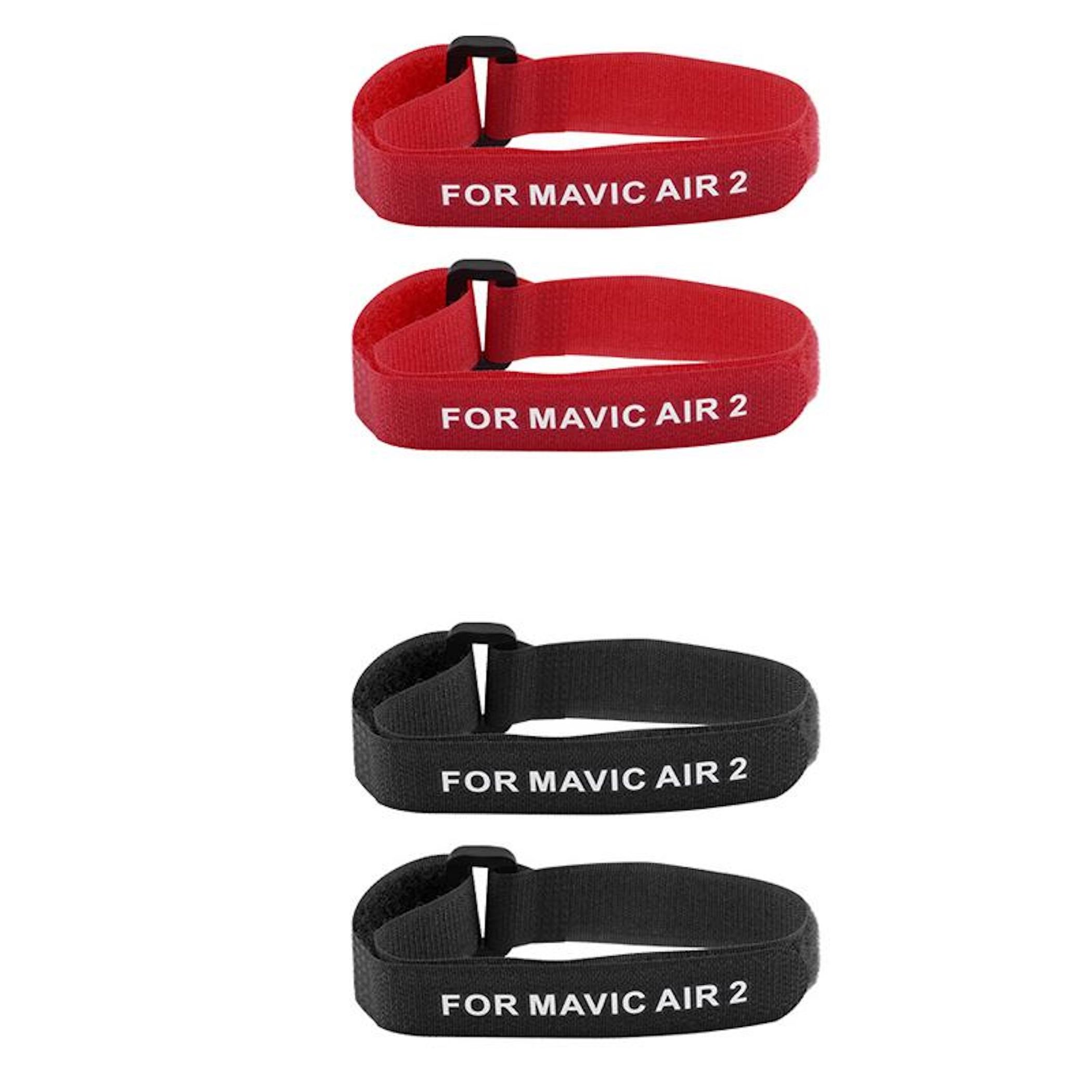 Vier Gurte mit der Aufschrift 'FOR MAVIC AIR 2', zwei rote und zwei schwarze mit Schnallen auf weißem Hintergrund.