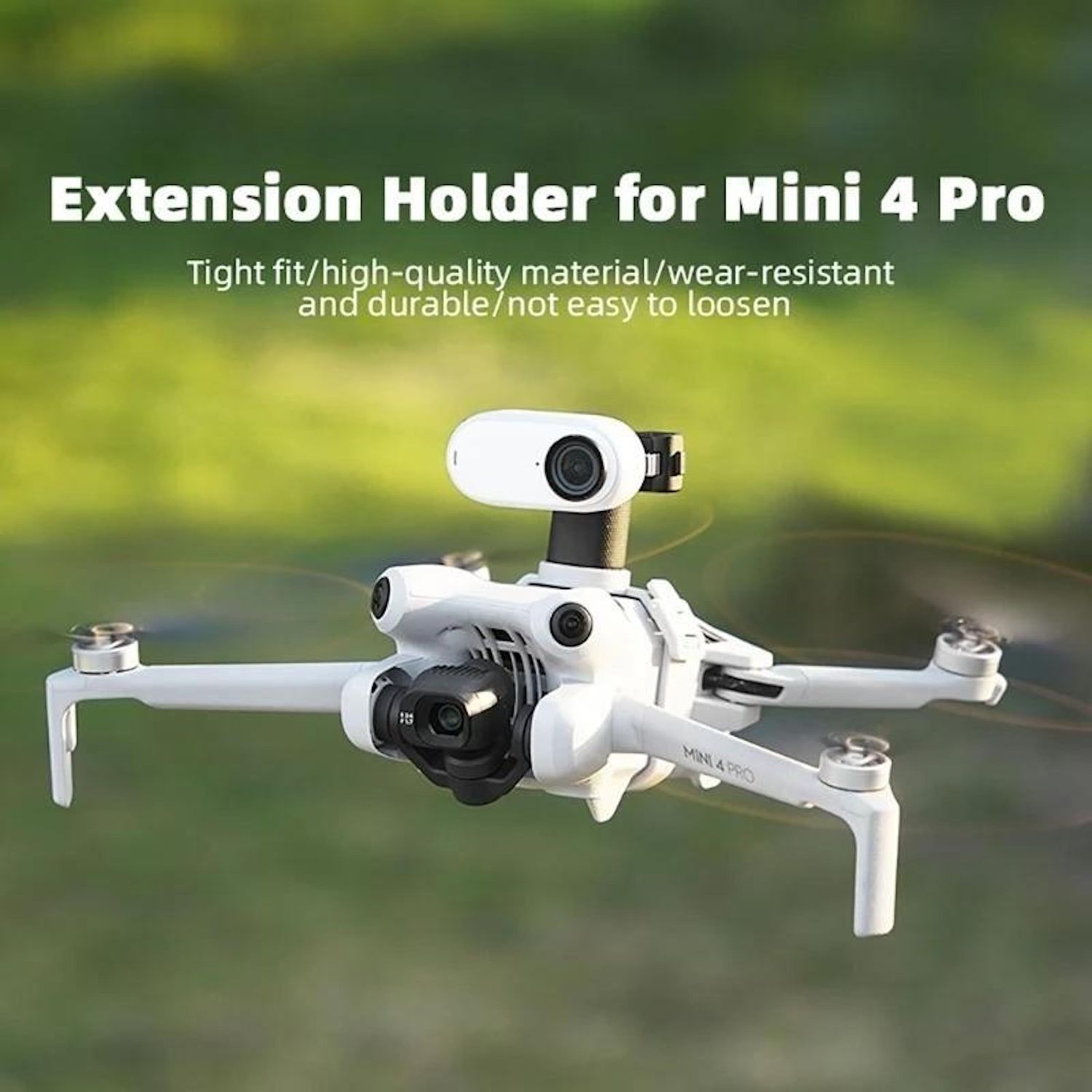 Weiße Mini 4 Pro Drohne mit Extension Holder auf grünem Hintergrund.