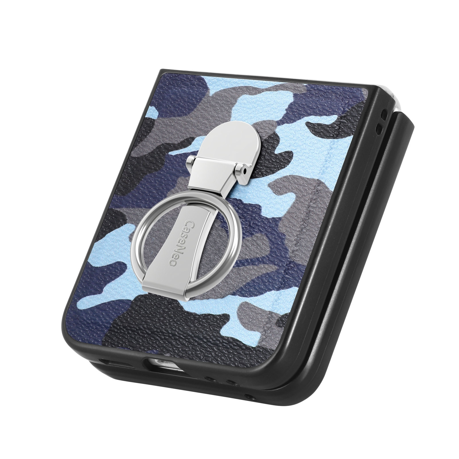 Klappbare schwarze Handyhülle mit blauem Tarnmuster und silbernem Metallring.