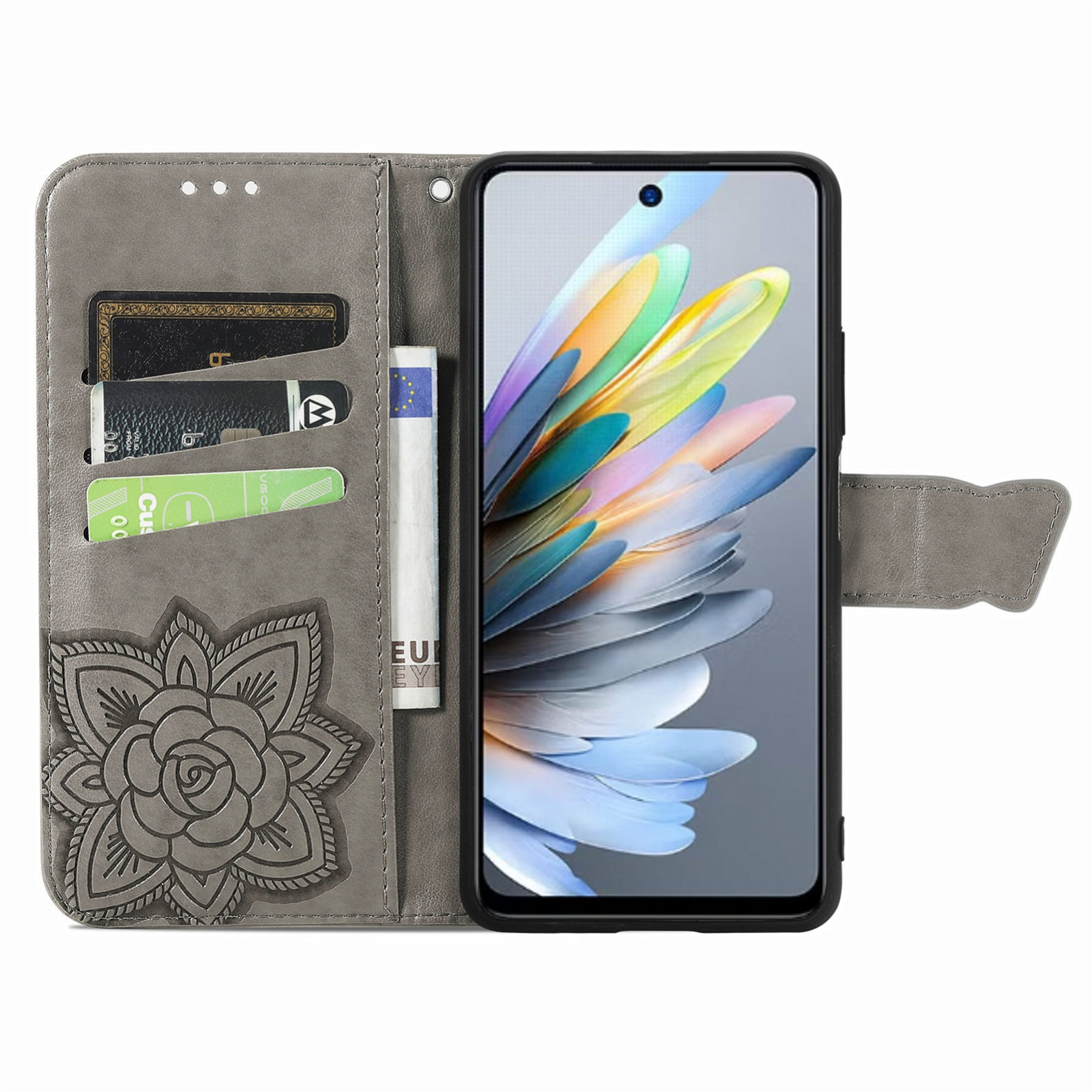Graue Leder-Handyhülle mit Blumenprägung, Kartenfächern und einem Smartphone.