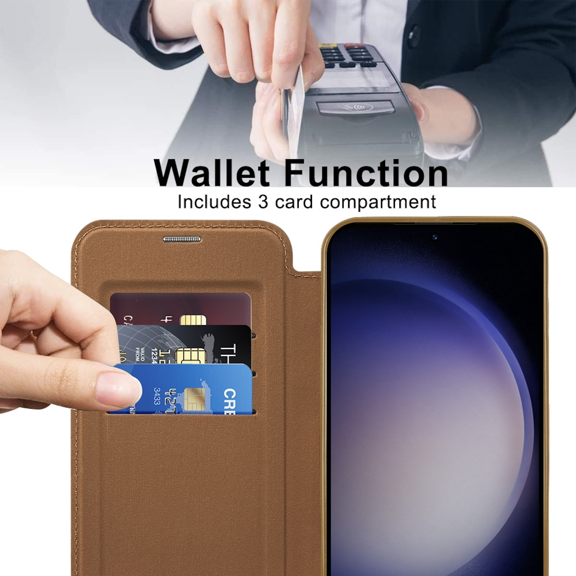 Handyhülle aus Leder mit Steckplätzen für drei Karten und Smartphone.