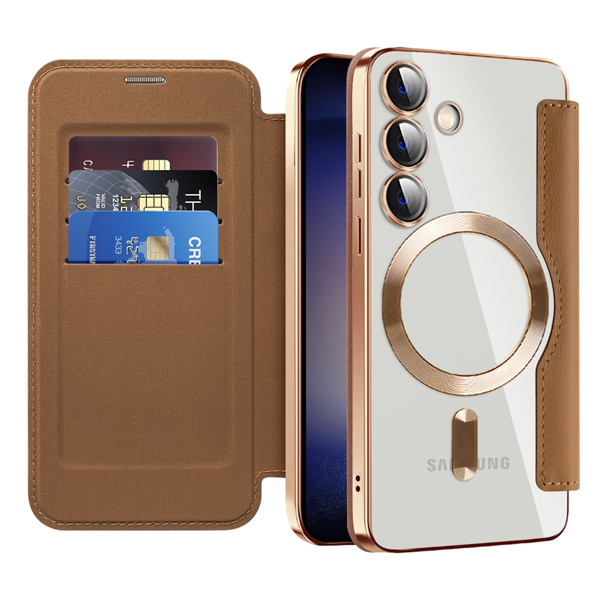 Ein weißes Smartphone in einem braunen Leder-Klappetui mit Kartenfächern und einem runden MagSafe-Ring auf der Rückseite.