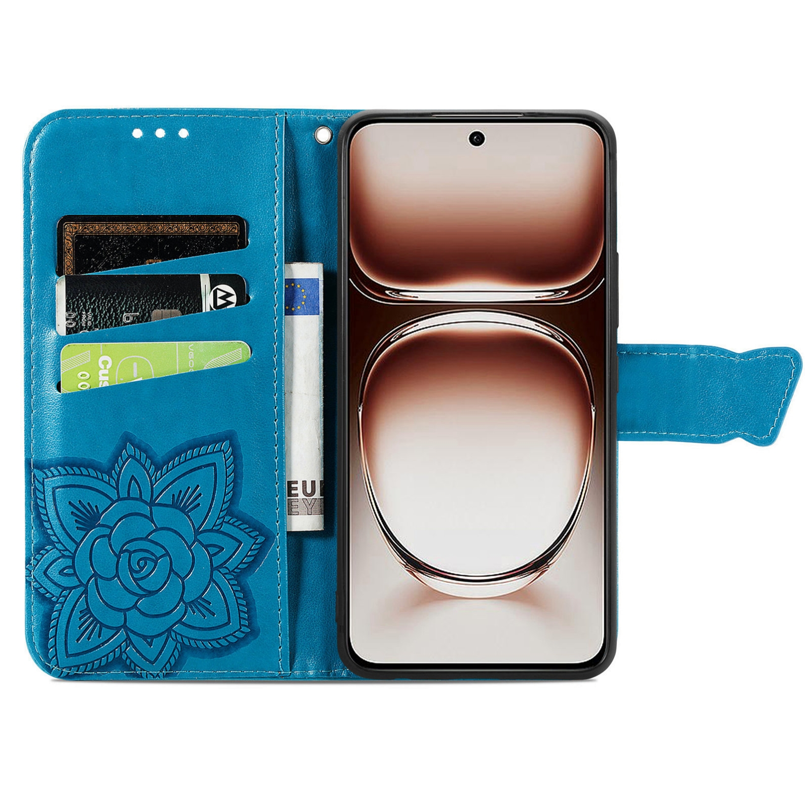 Fundas para móvil de cuero azul claro con relieve floral, ranuras para tarjetas y smartphone.