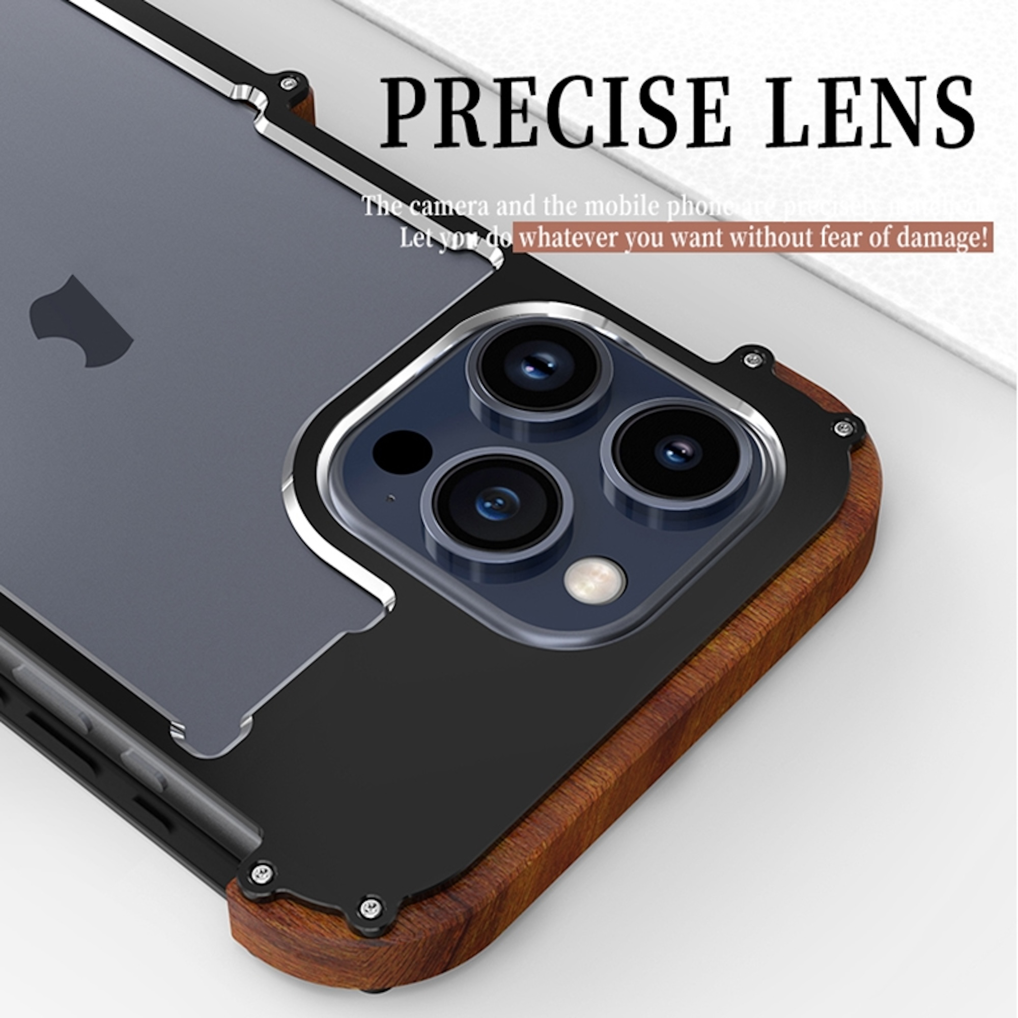 Ein Smartphone in einer robusten Holz- und Metallhülle mit präzisem Kameraausschnitt und Werbetext.