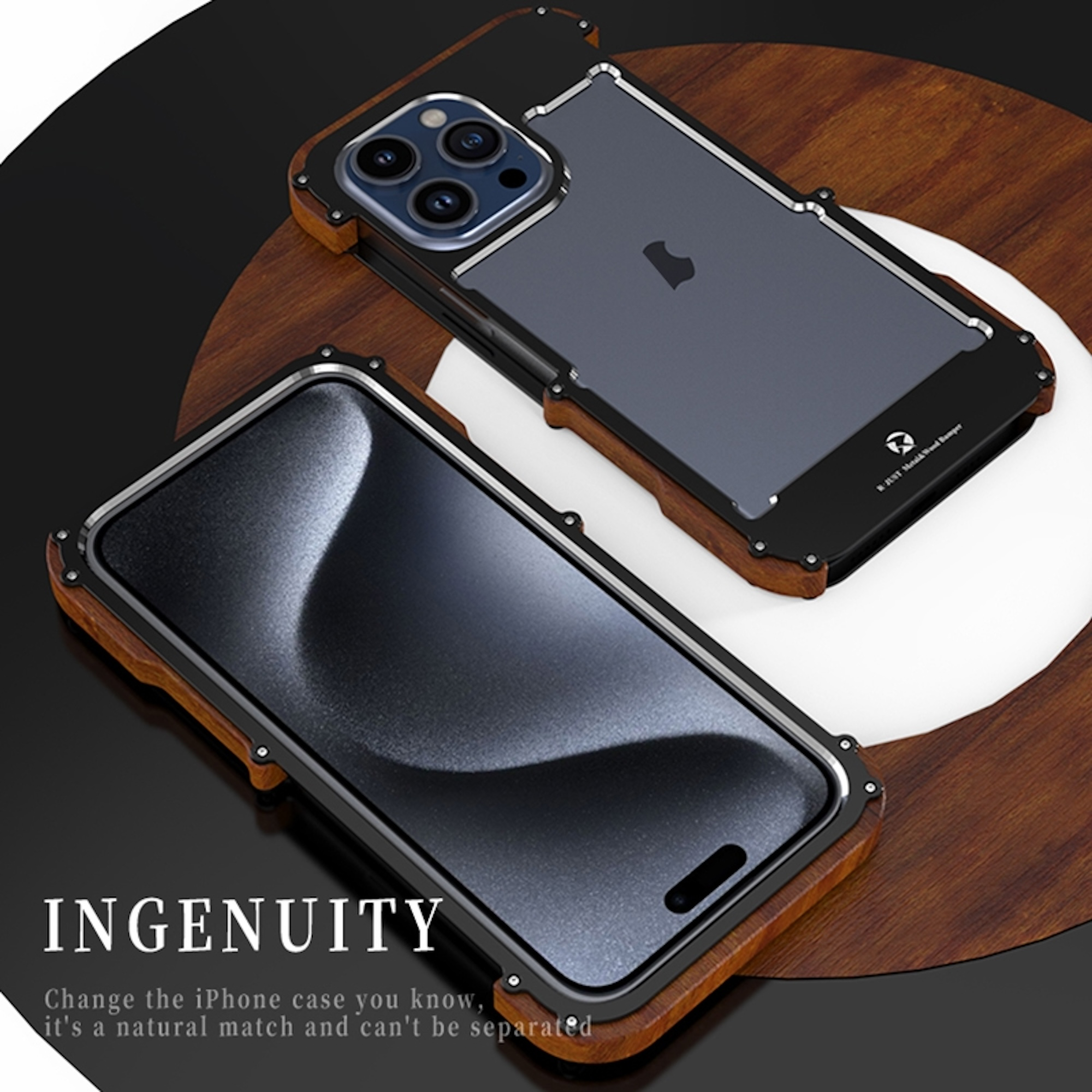 Zwei iPhones in robusten Holz- und Metallschutzhüllen auf einer holzfarbenen Tischplatte mit Werbetext.