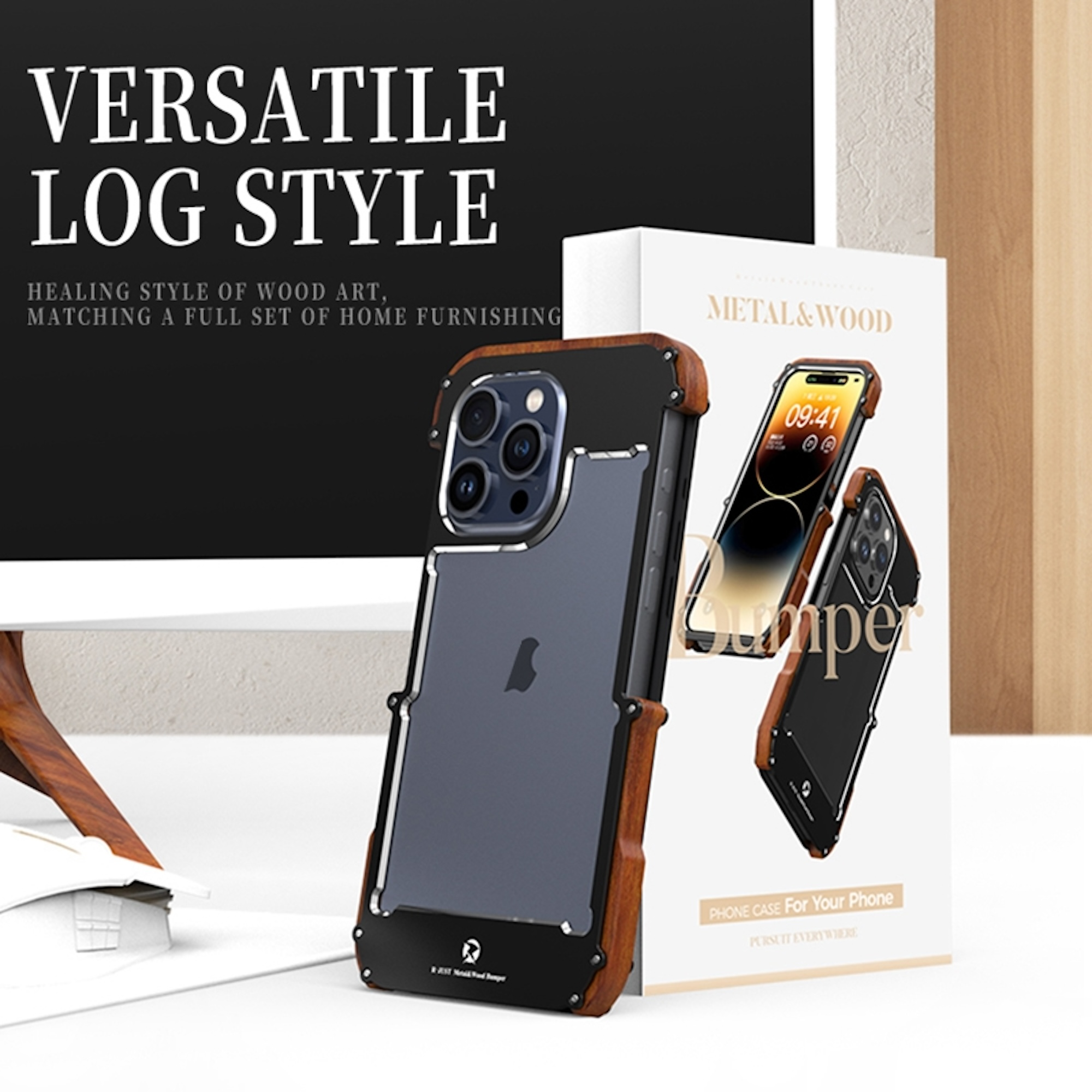 Metall- und Holz-Handyhülle vor einer Verpackung mit Text und einem Monitor im Hintergrund.