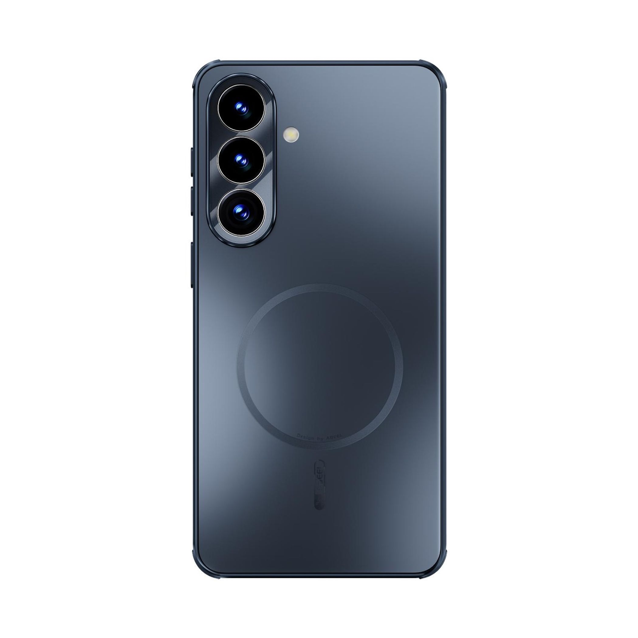 Parte trasera de un smartphone gris con triple cámara vertical y un diseño de anillo circular en el centro.