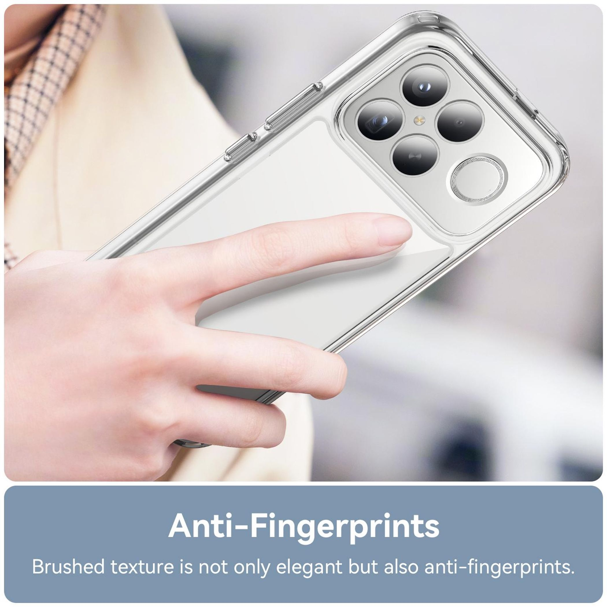 Hand in einer Hülle mit Kamera und Text Anti-Fingerprints.