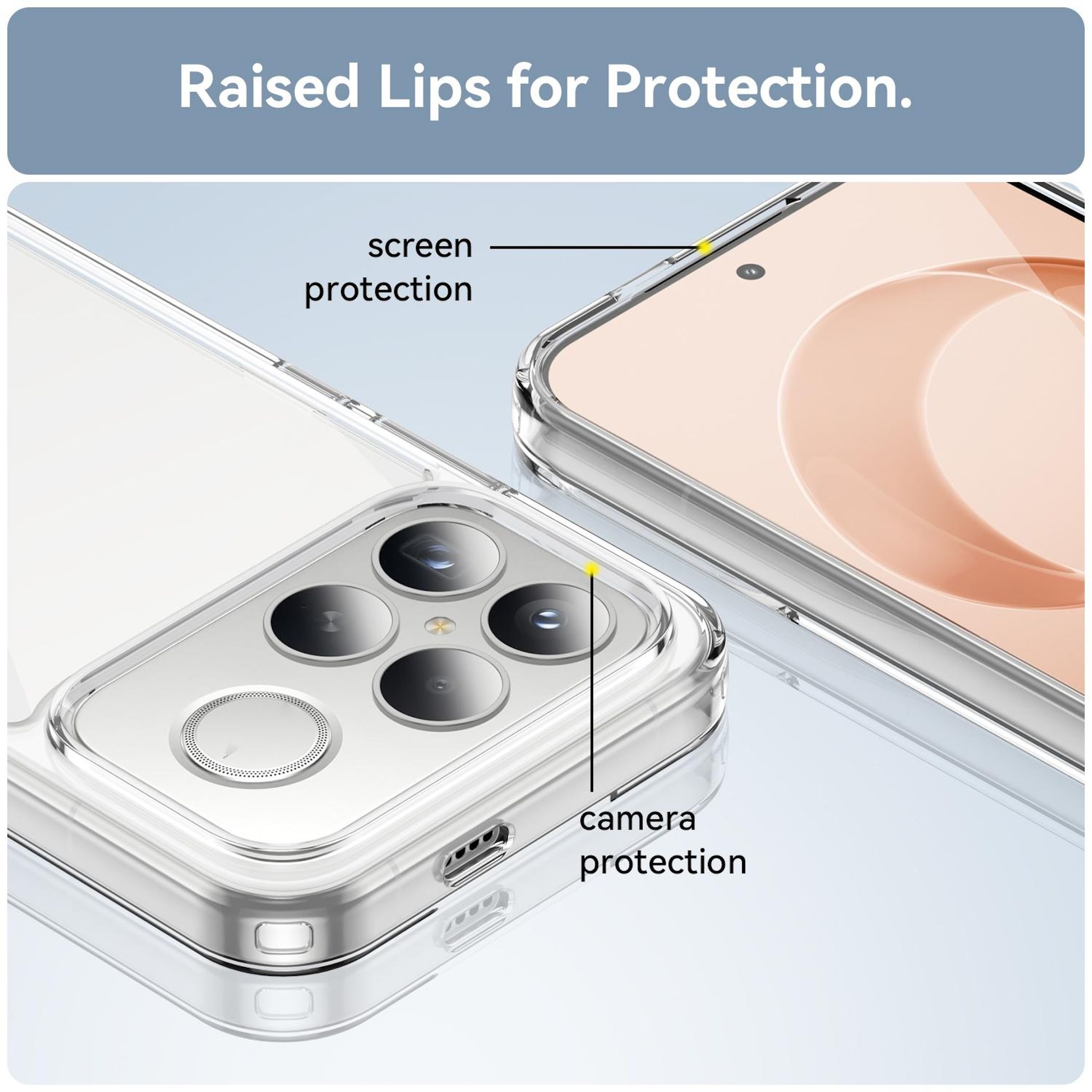 Diagramm zeigt erhöhte Kanten eines Handy-Schutzcase für Bildschirm und Kamera.