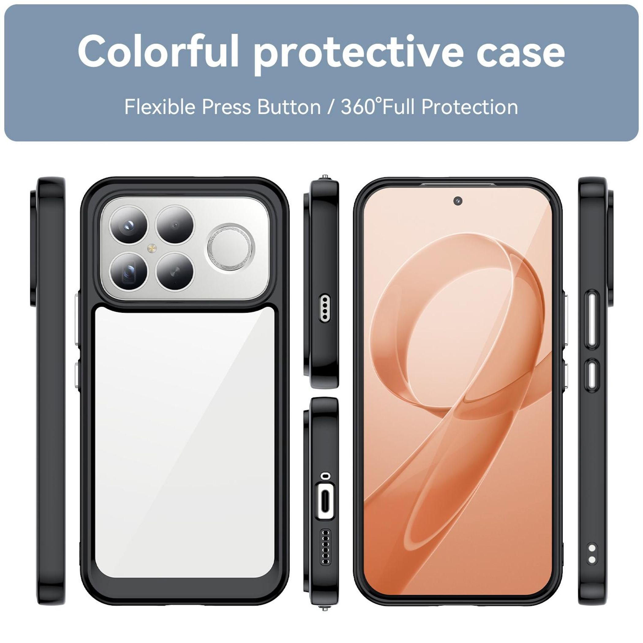 Funda protectora negra con aberturas para cámaras y botones, mostrada desde varios ángulos.