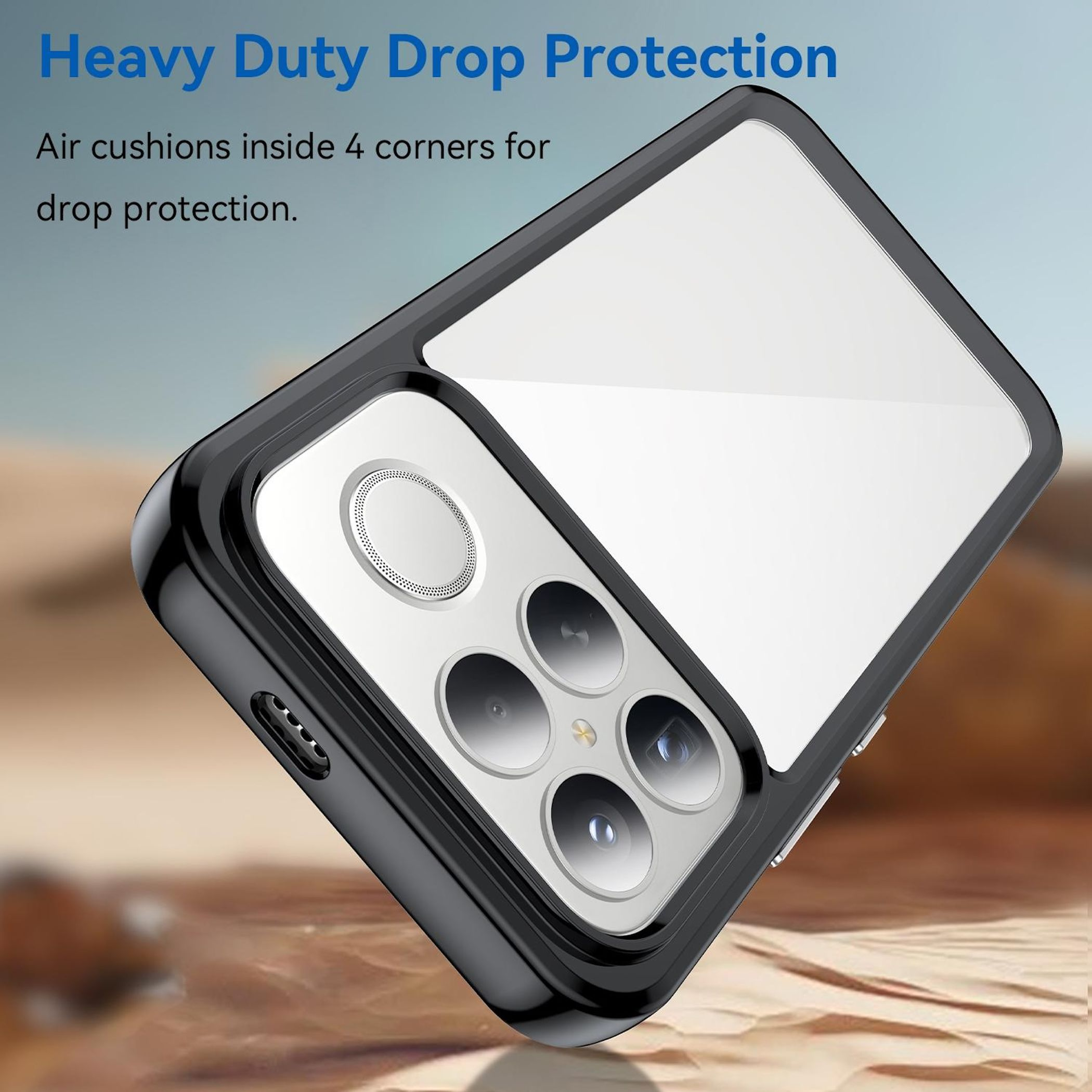 Funda protectora para smartphone negra con cojines de aire en cuatro esquinas.