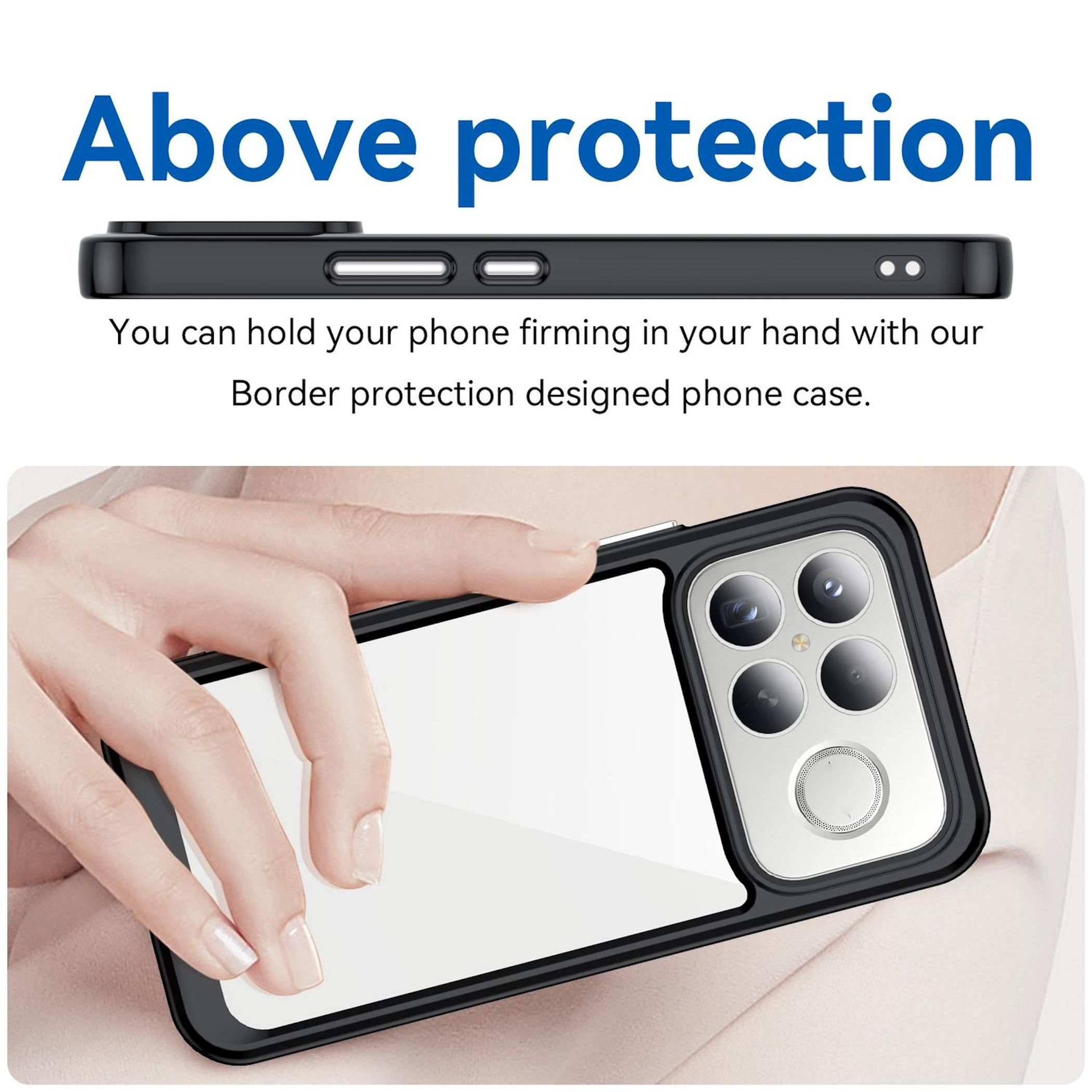 Mano sosteniendo un smartphone en funda protectora negra con multicámara.