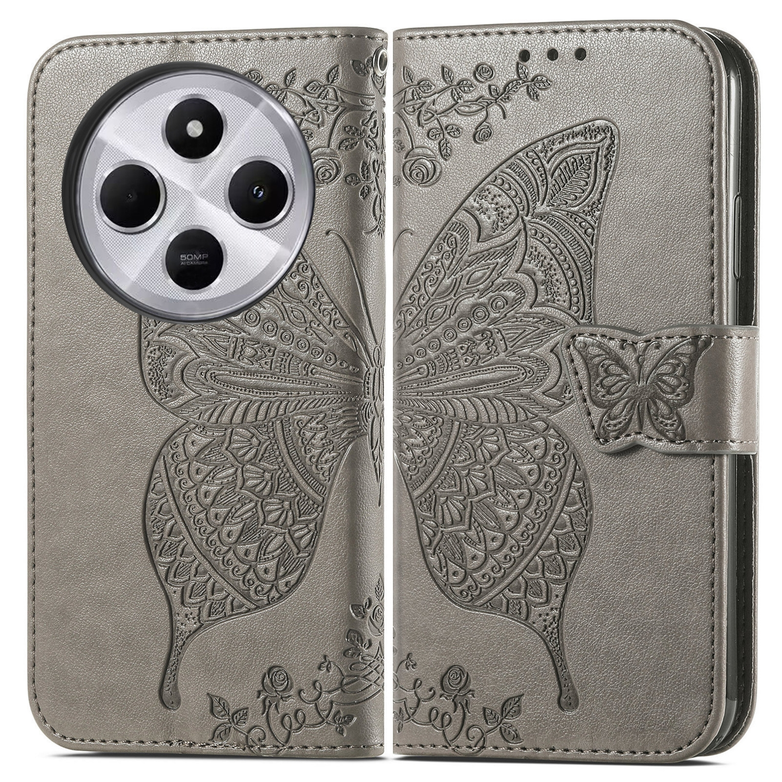 Funda de cuero gris para teléfono con mariposa y flores en relieve, y recorte redondo para la cámara.