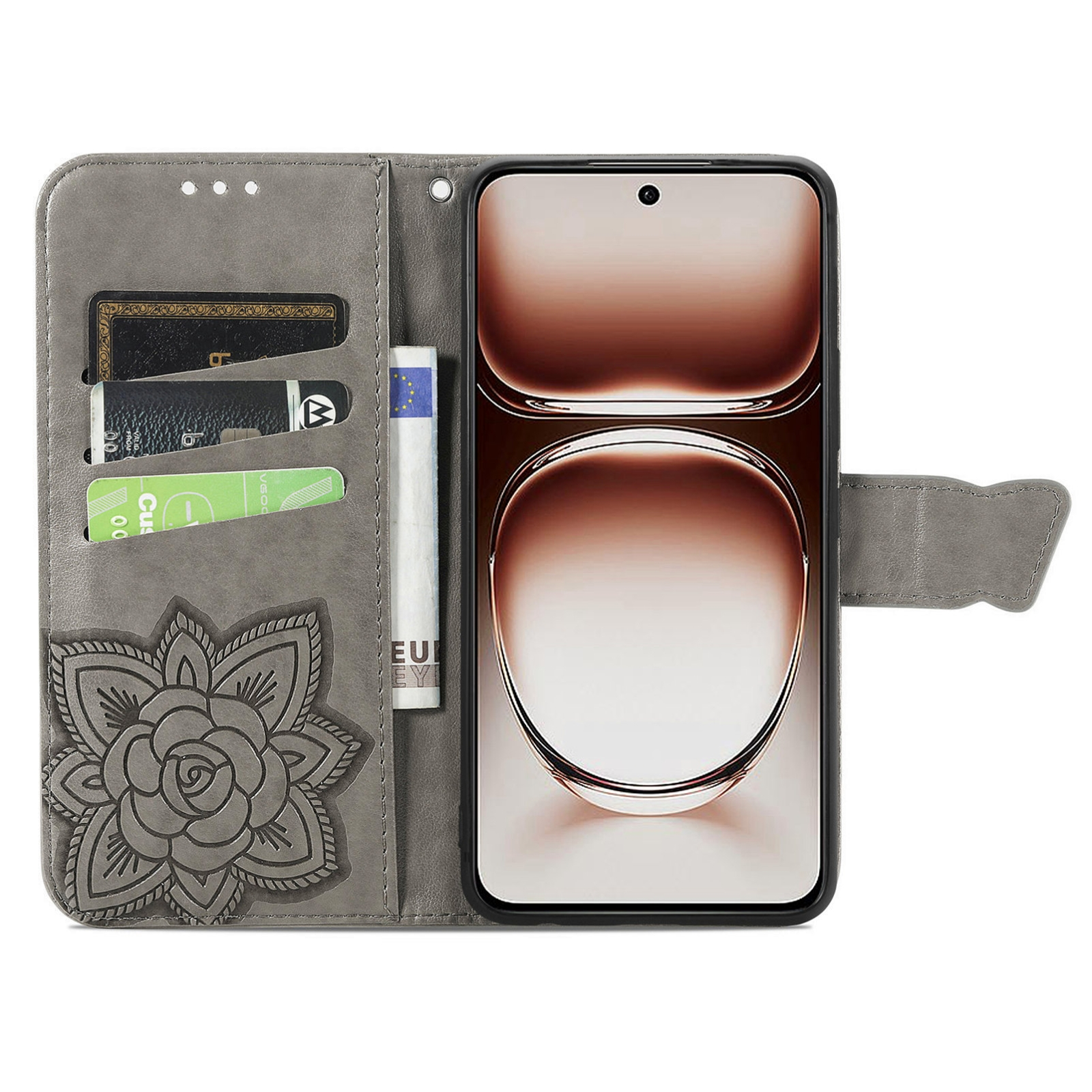 Fundador de teléfono de cuero gris con relieve floral, tarjeteros y un smartphone.