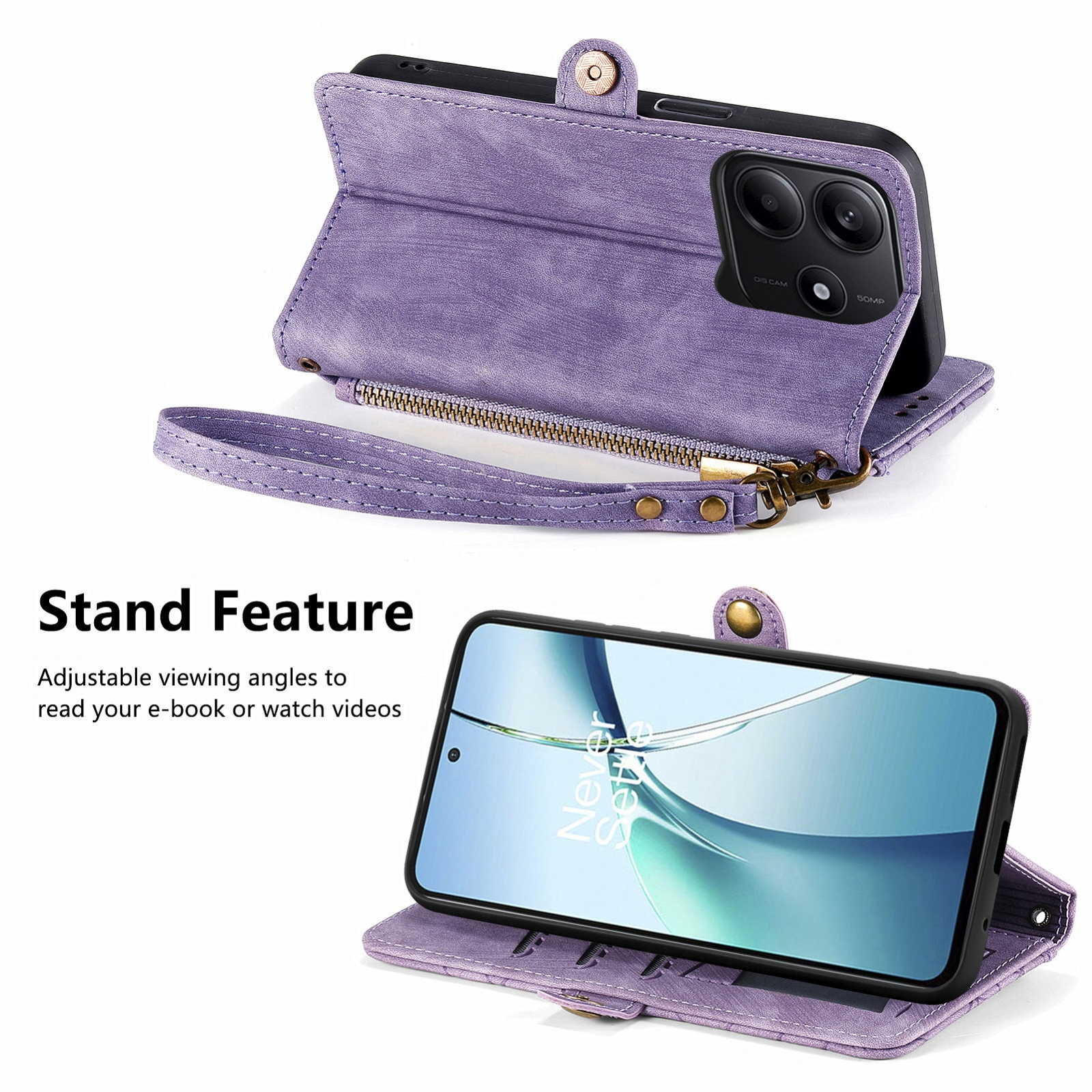 Una funda de piel morada para móvil con soporte y correa, vistas delantera y trasera.