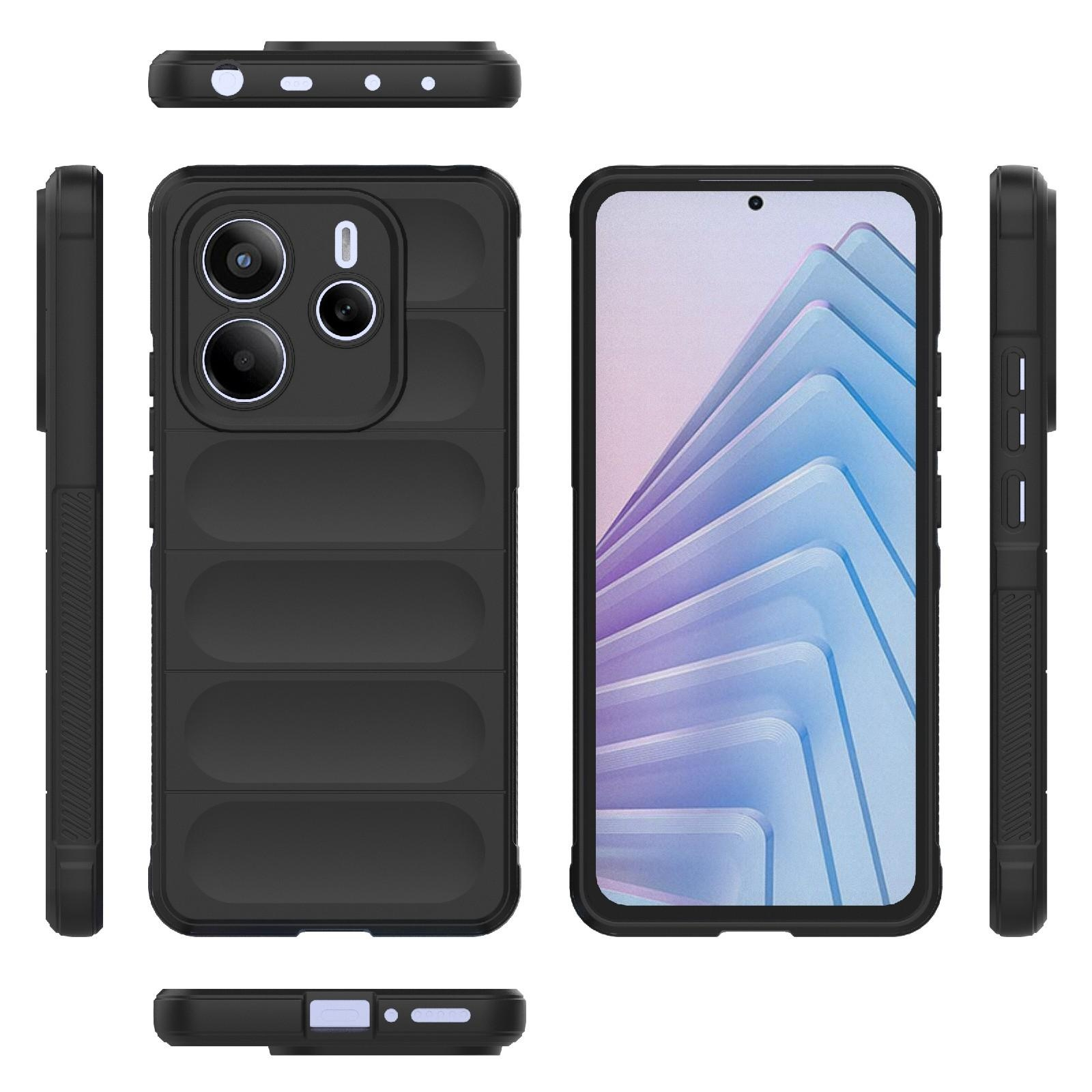 Vistas múltiples de una funda protectora negra para teléfono inteligente con diseño acolchado.
