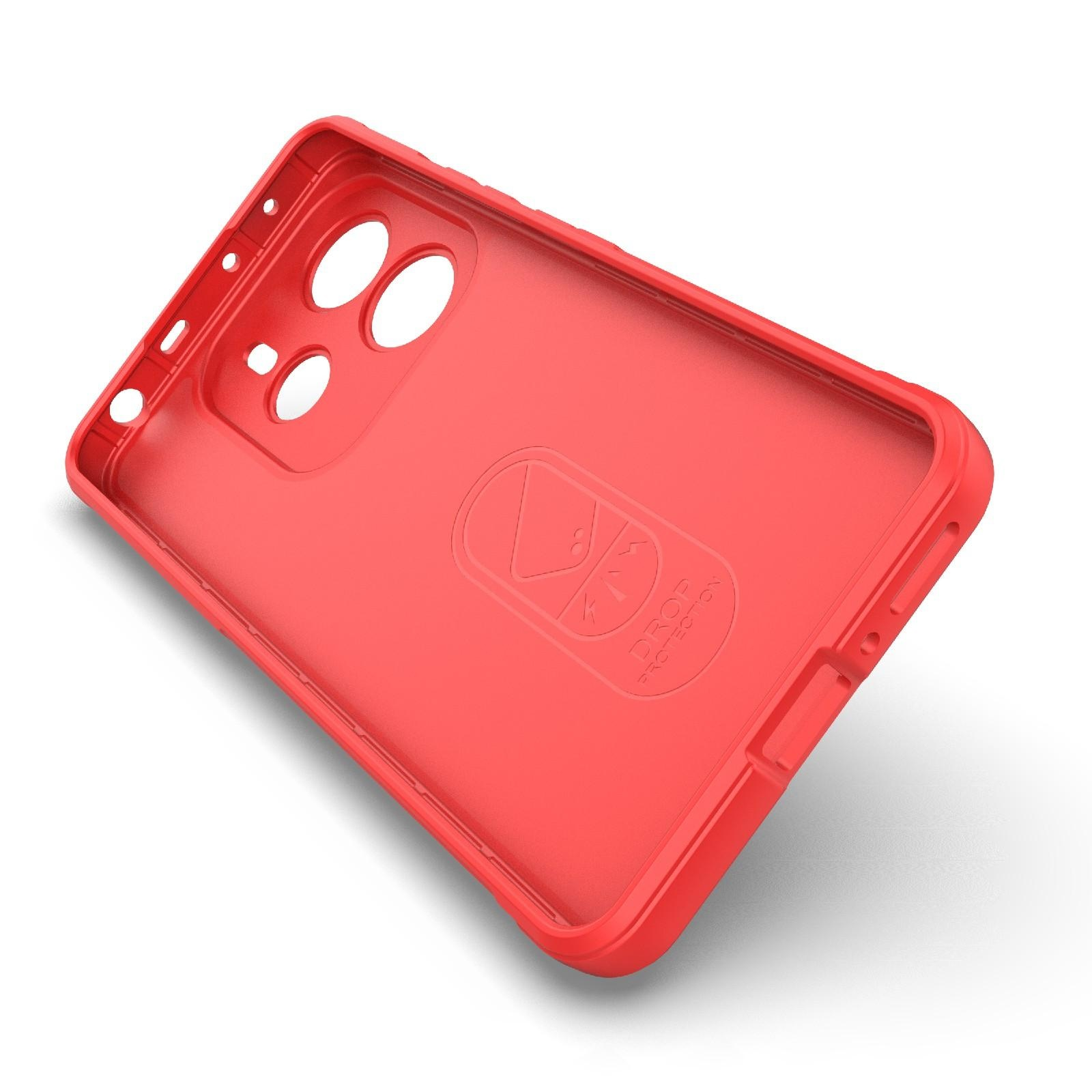 Fundas de silicona roja con recortes para cámara y texto de protección.