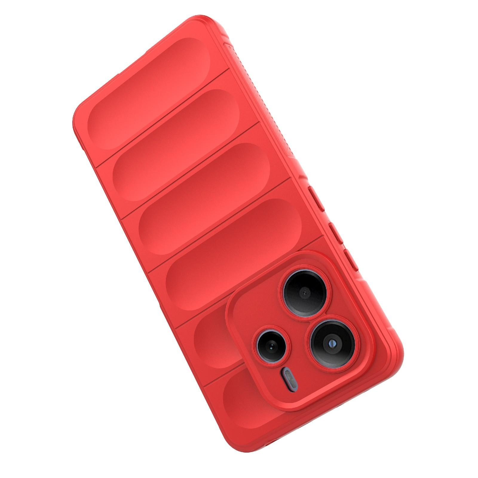 Smartphone rojo en funda protectora con crestas elevadas y triple cámara.